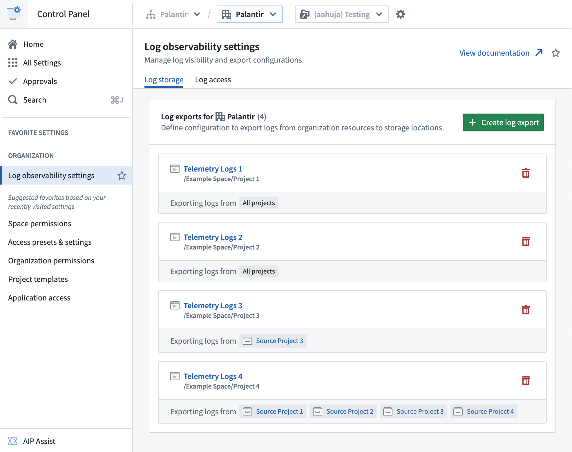 The Log observability settings page in Control Panel where you can create log exports to streaming datasets.