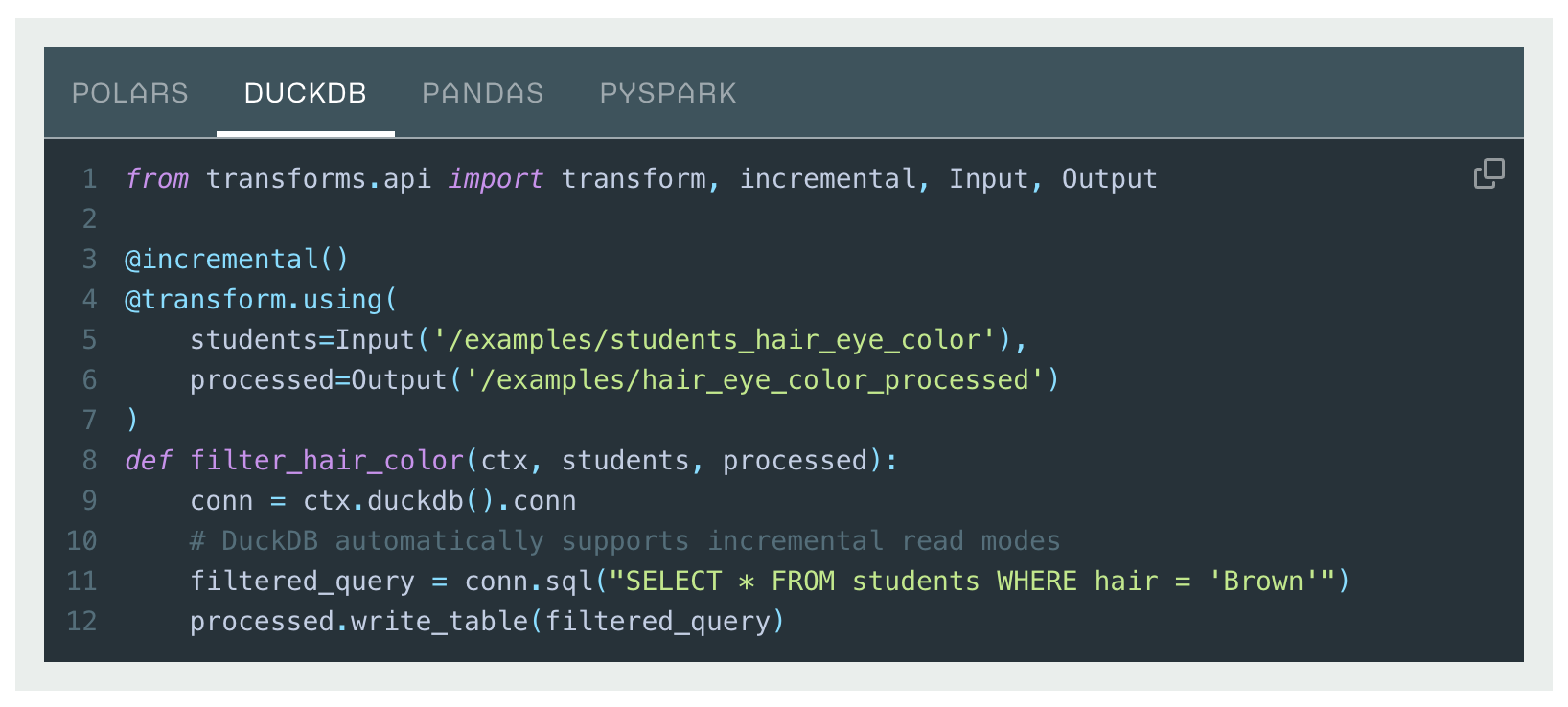 Transforms DuckDB code example.