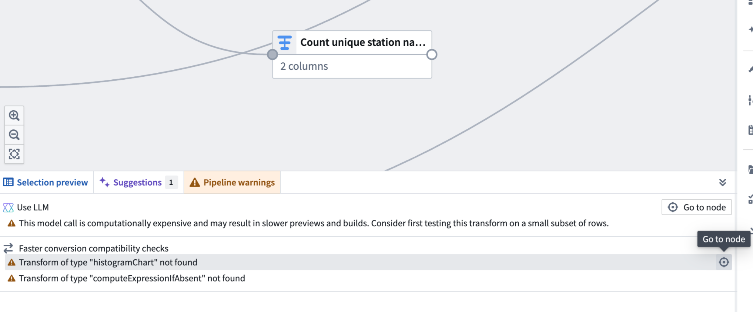 The Pipeline warnings panel displays an incompatible transform.