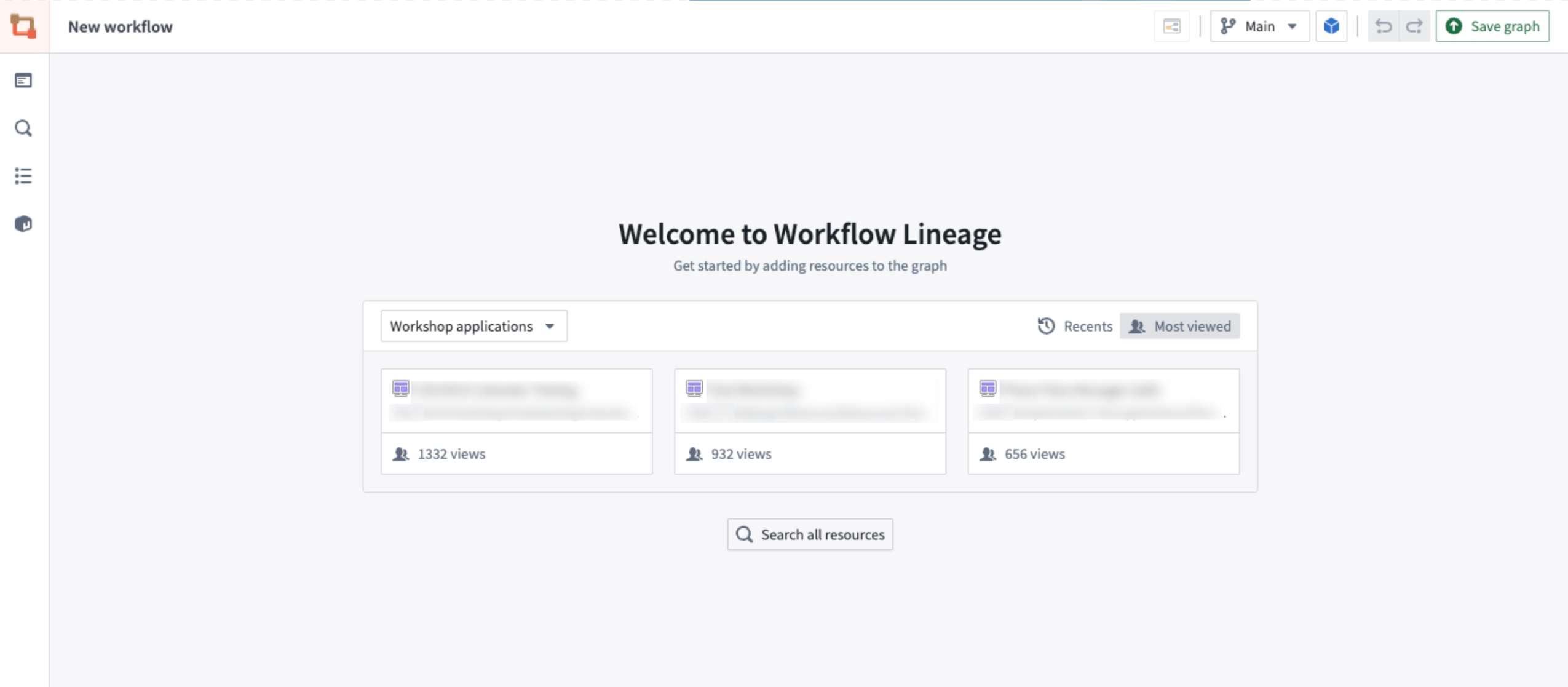 The Workflow Lineage landing pages displays Workshop modules to quick-start a lineage graph.