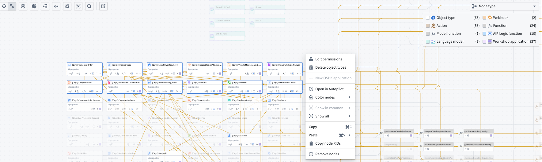 The right-click menu on selected nodes to apply bulk actions.