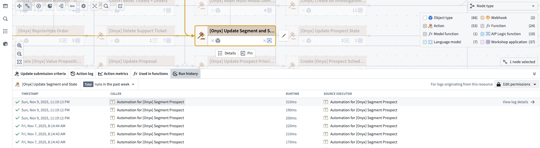 The run history of a selected action node.