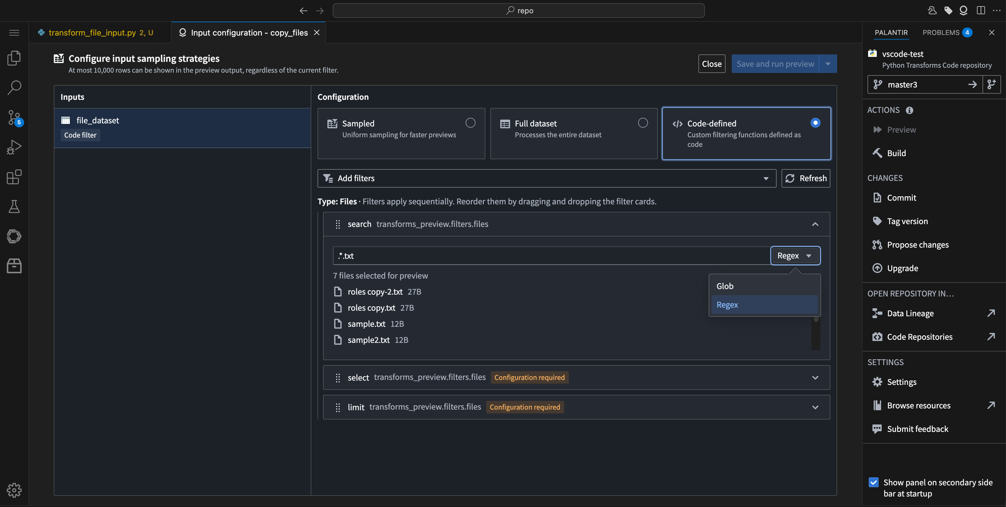 The option to choose between Regex or Glob patterns in the filter search.