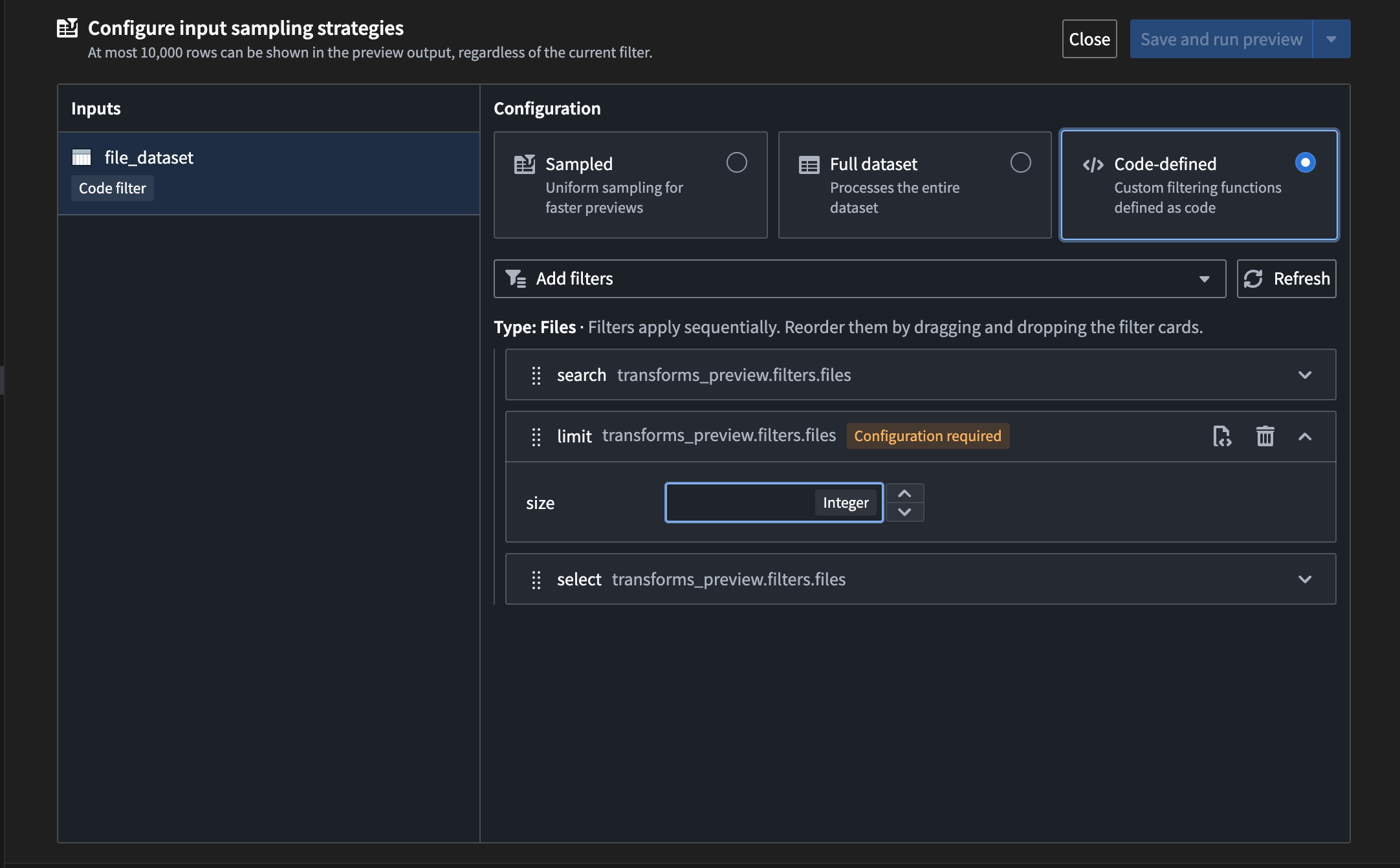 The option to set a size limit filter for file searches.