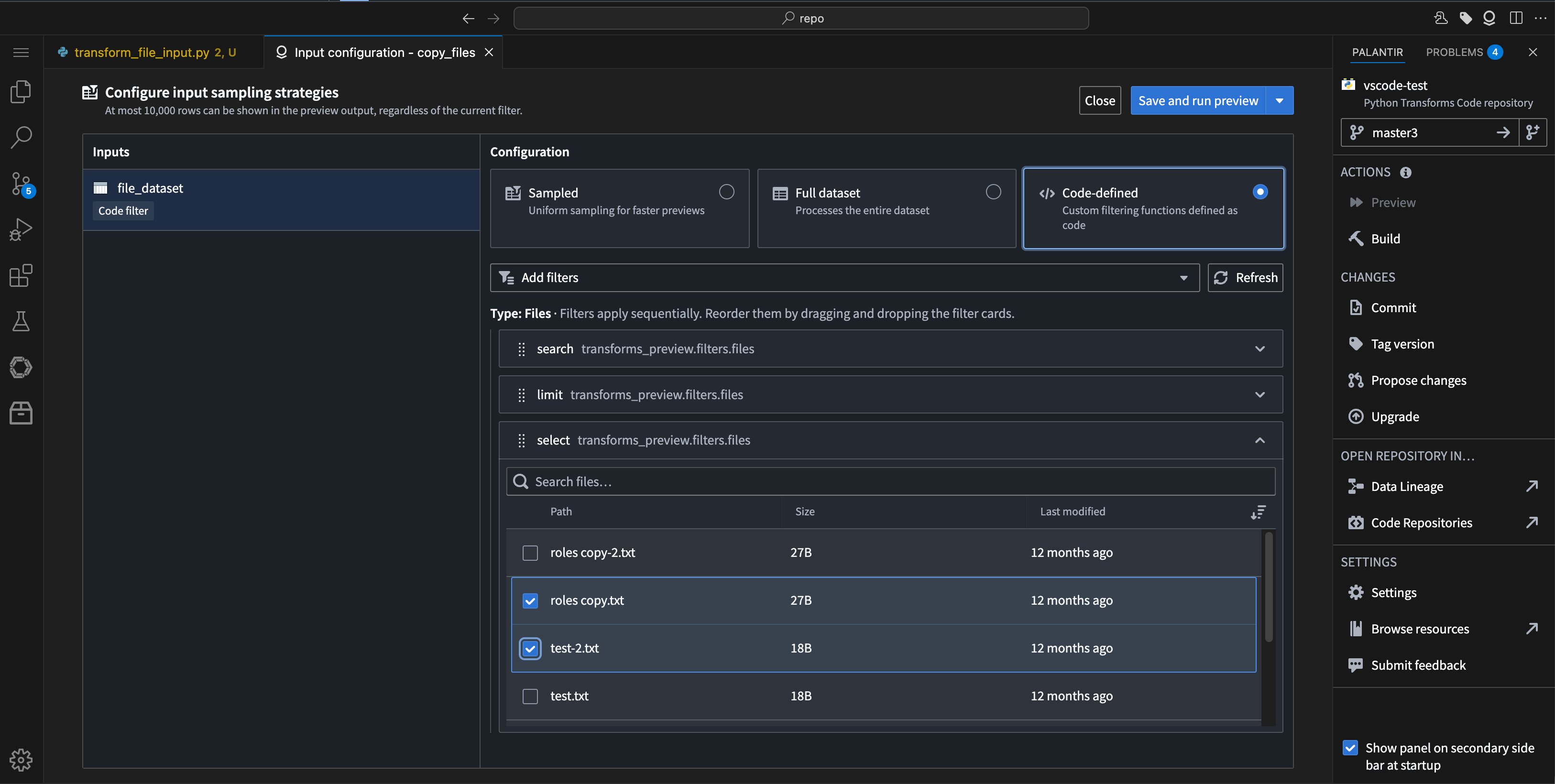 The option to select certain files from an unstructured dataset to preview.