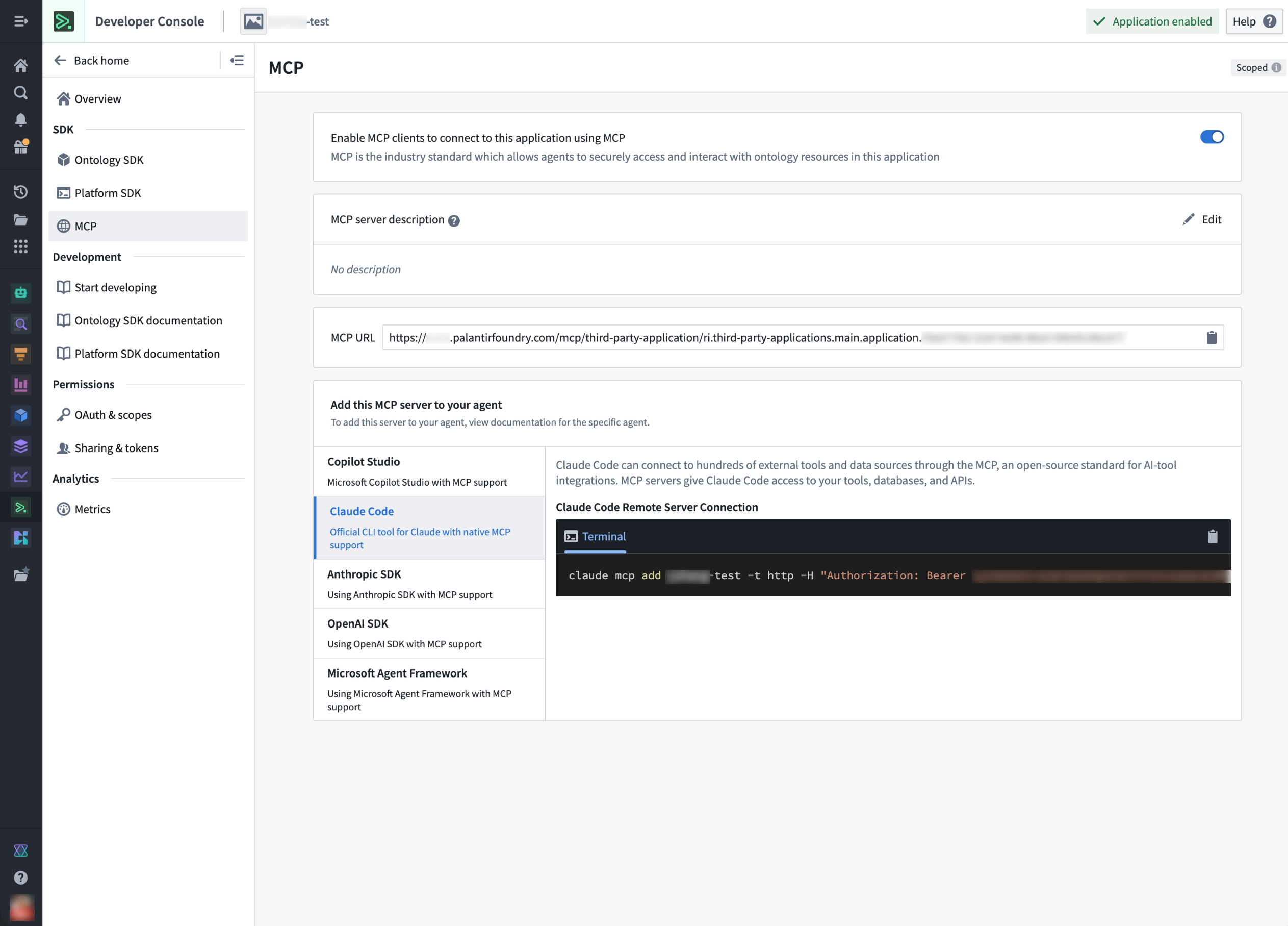 The Ontology MCP configuration page in Developer Console with the Claude Code agent selected.
