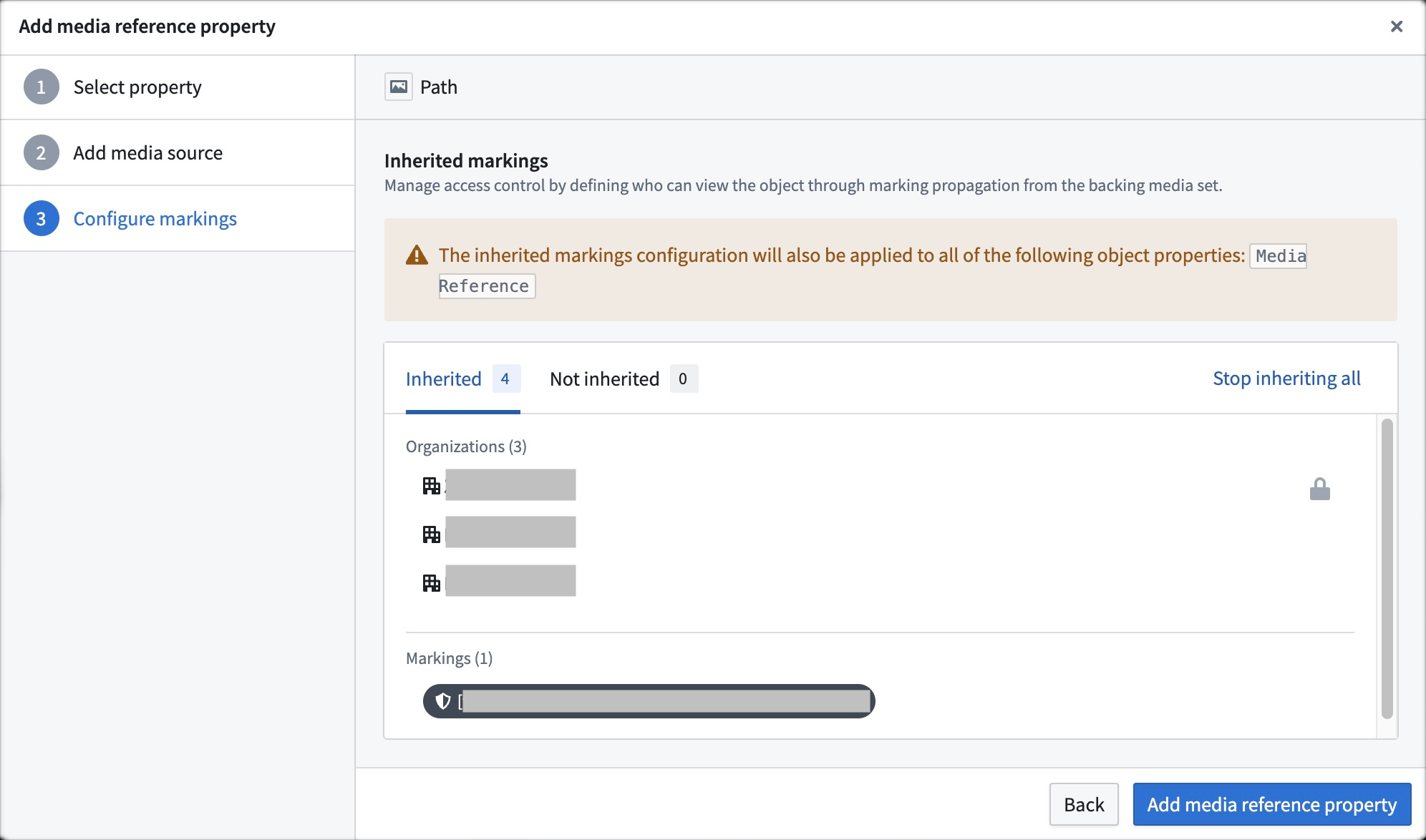 Inherited markings configuration dialog of a media reference property.