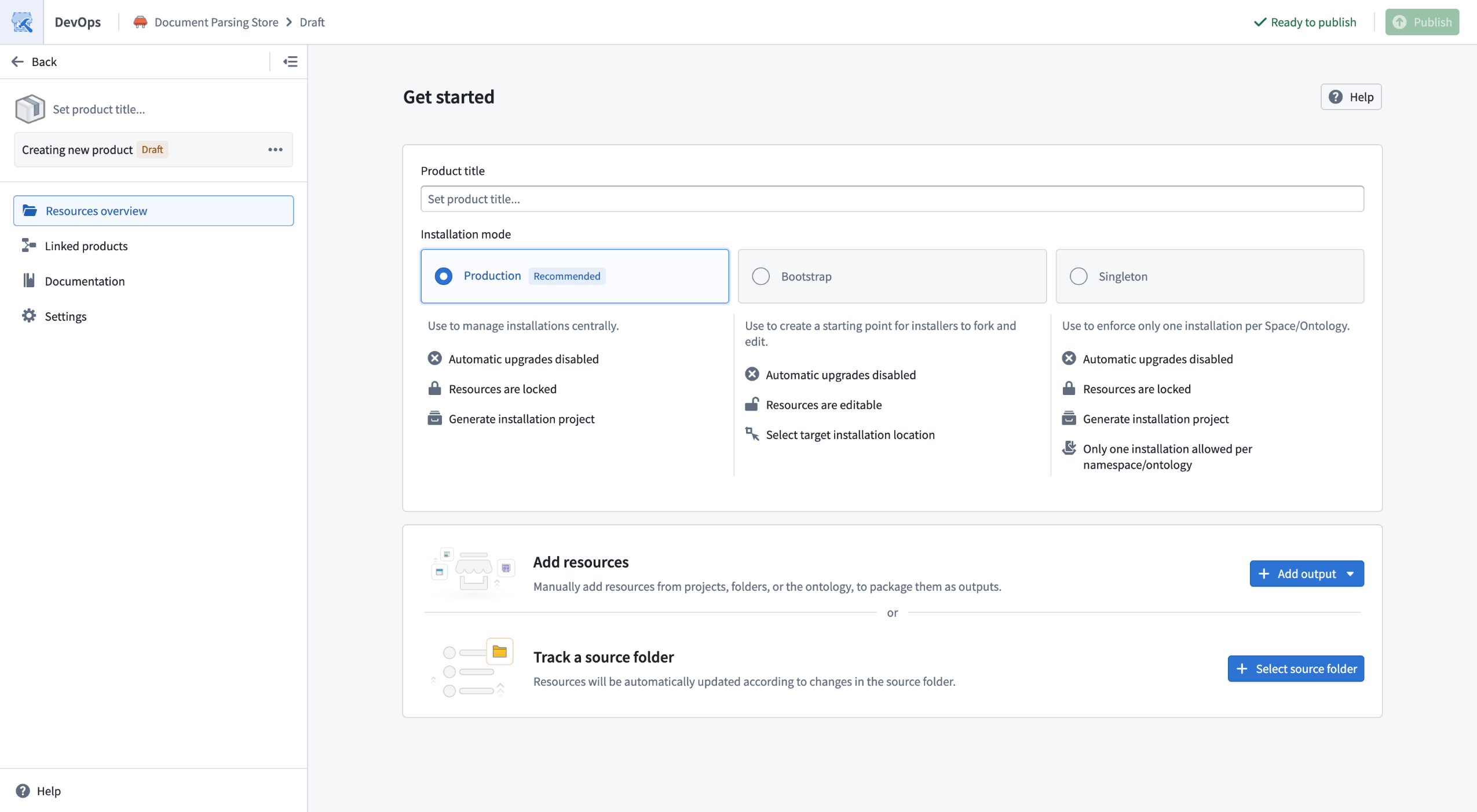 DevOps new product landing page now gives the option to track a source folder.
