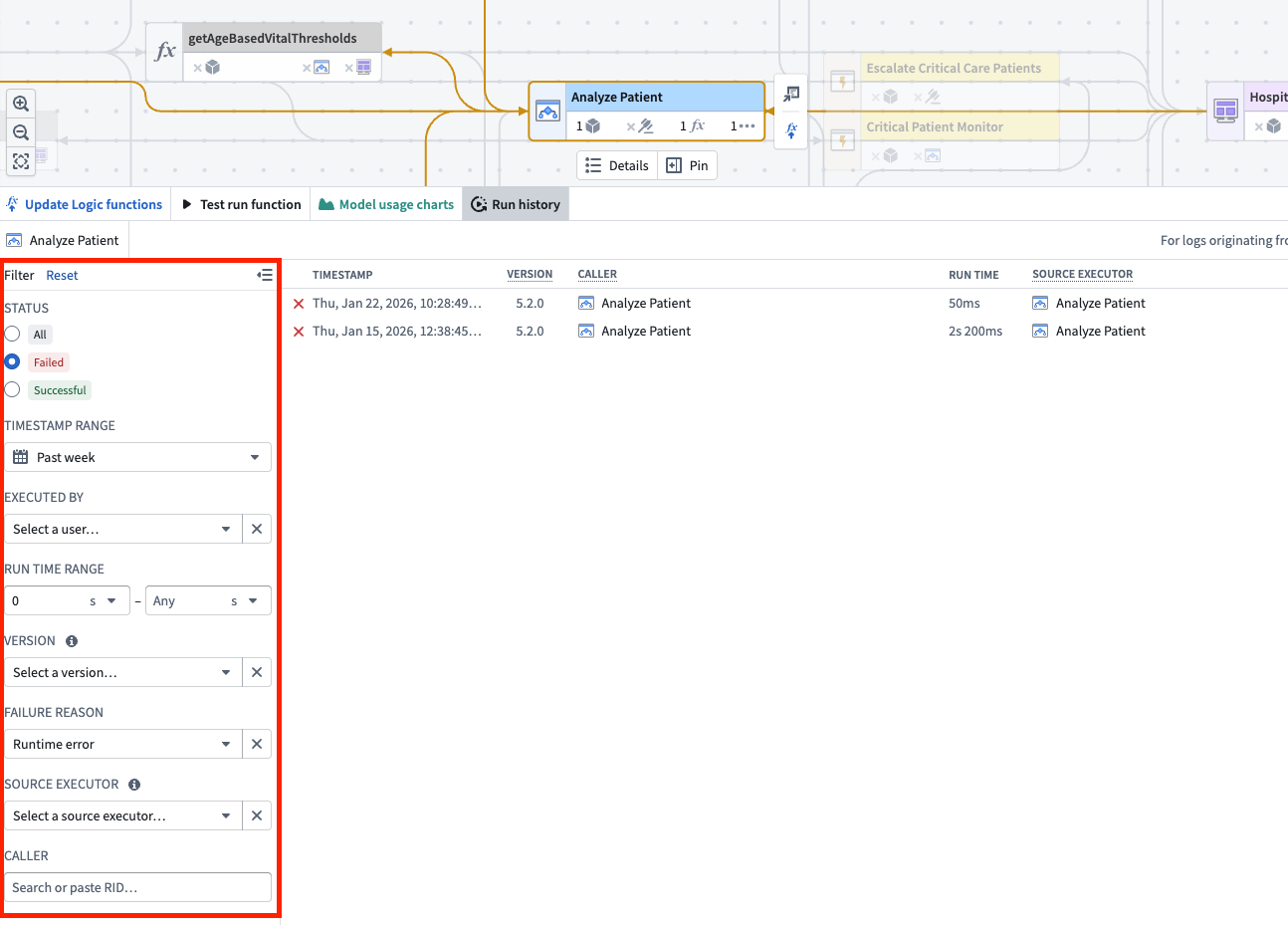 The run history for a logic execution filtered by status and failure reason.