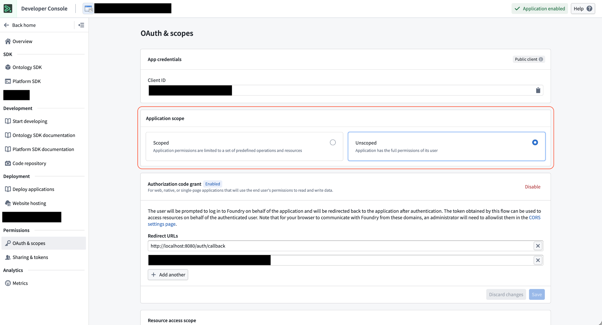 Application scope section in Developer Console.