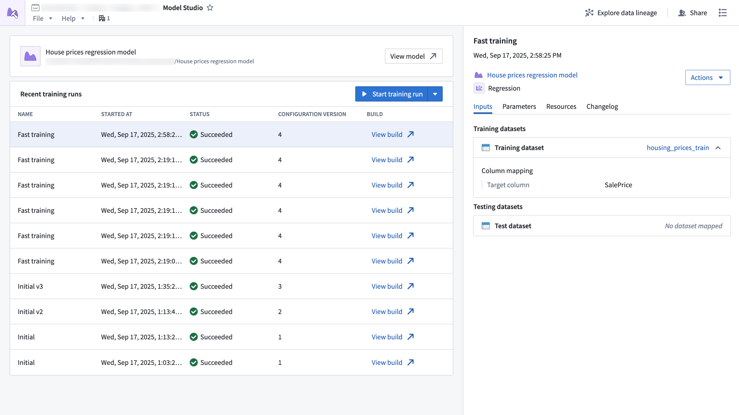 The Model Studio application home page displaying recent training runs and run details.