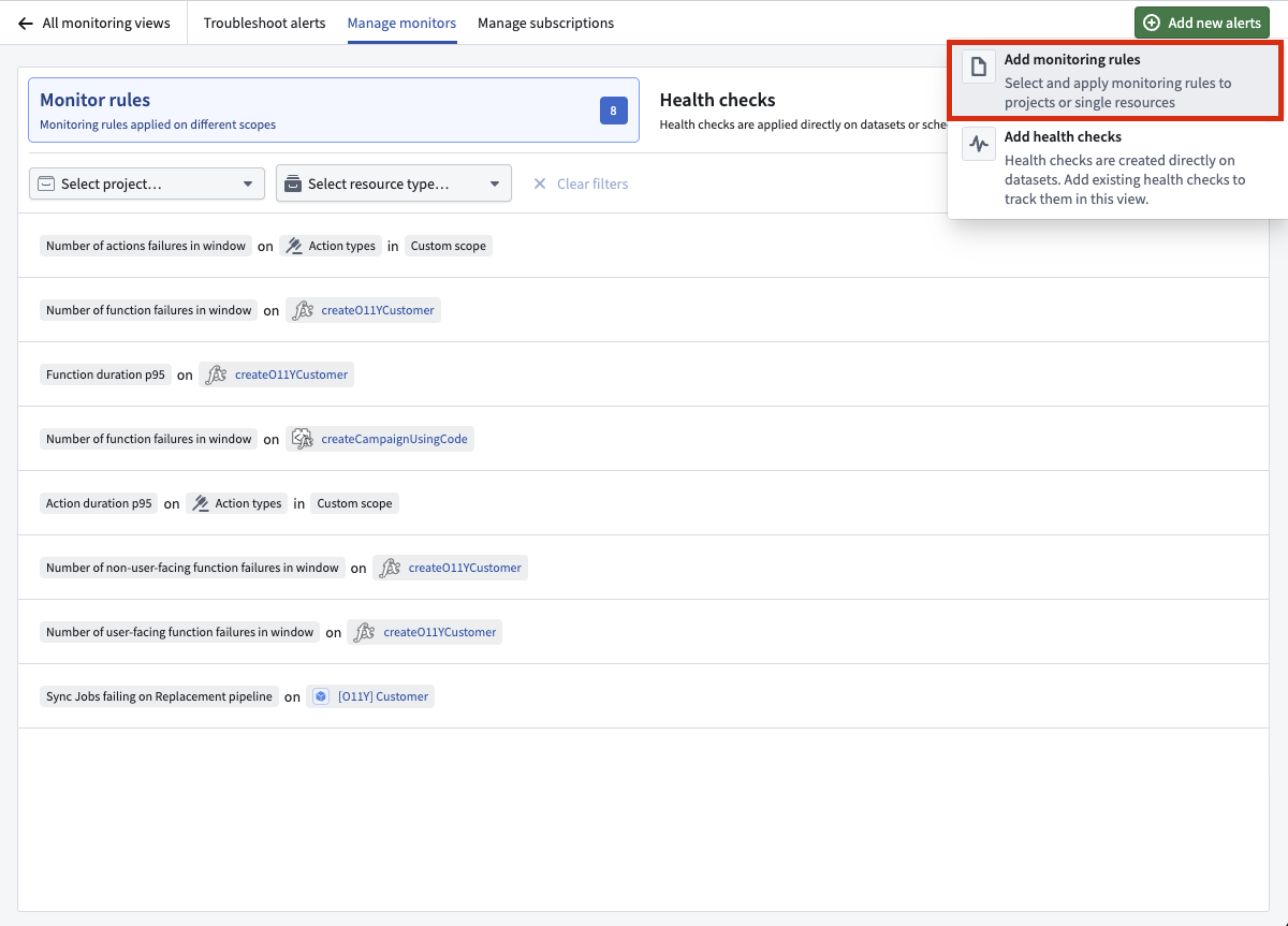 Select Add new alerts - Add monitoring rules to get started.