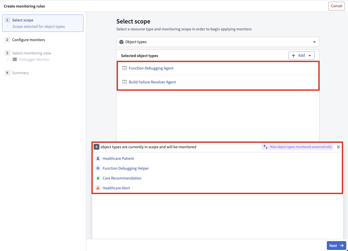 Four object types are in the scope of the two selected projects and will be monitored.