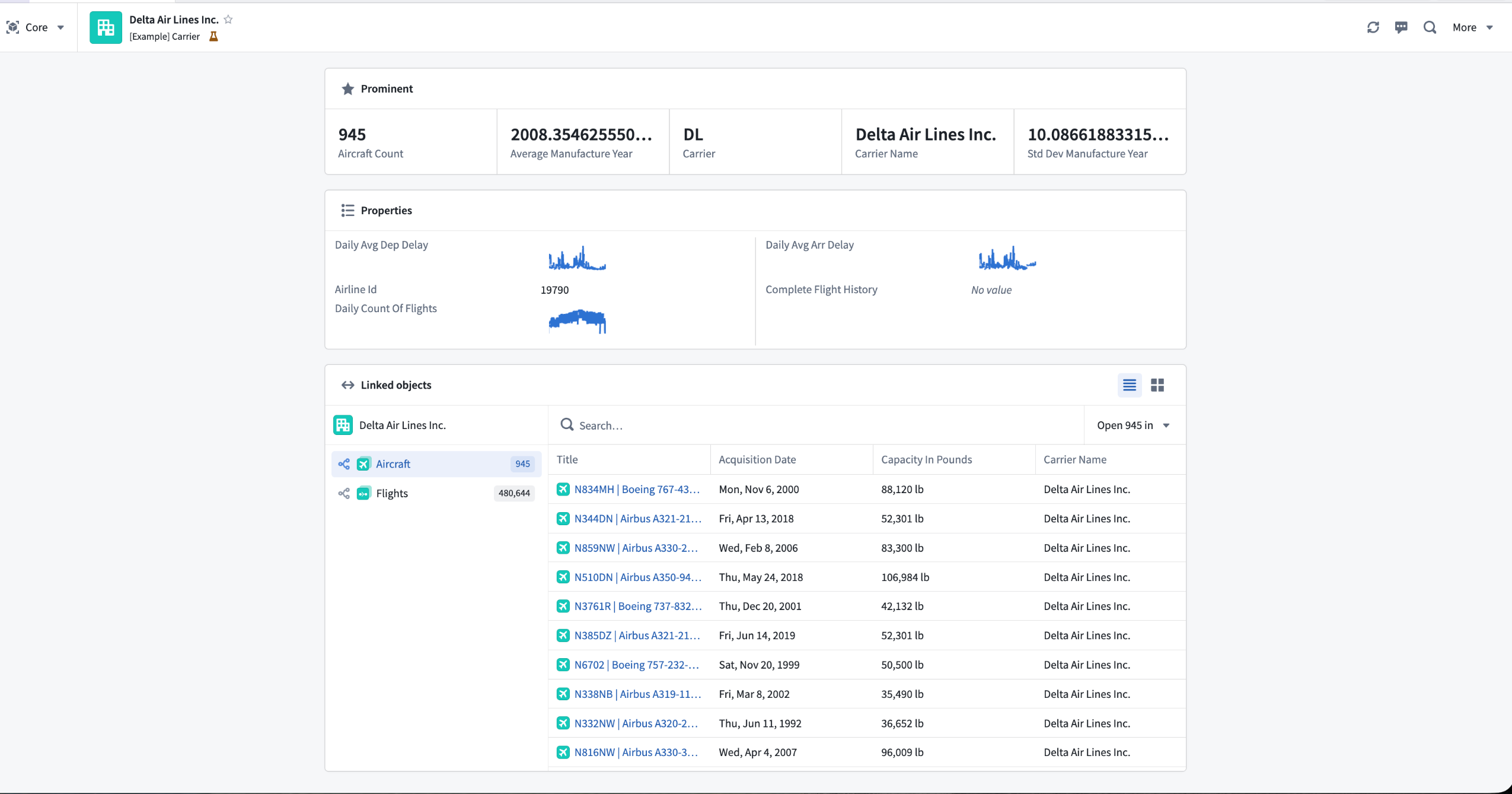A core Object View displays prominent and standard object properties as well as linked objects.