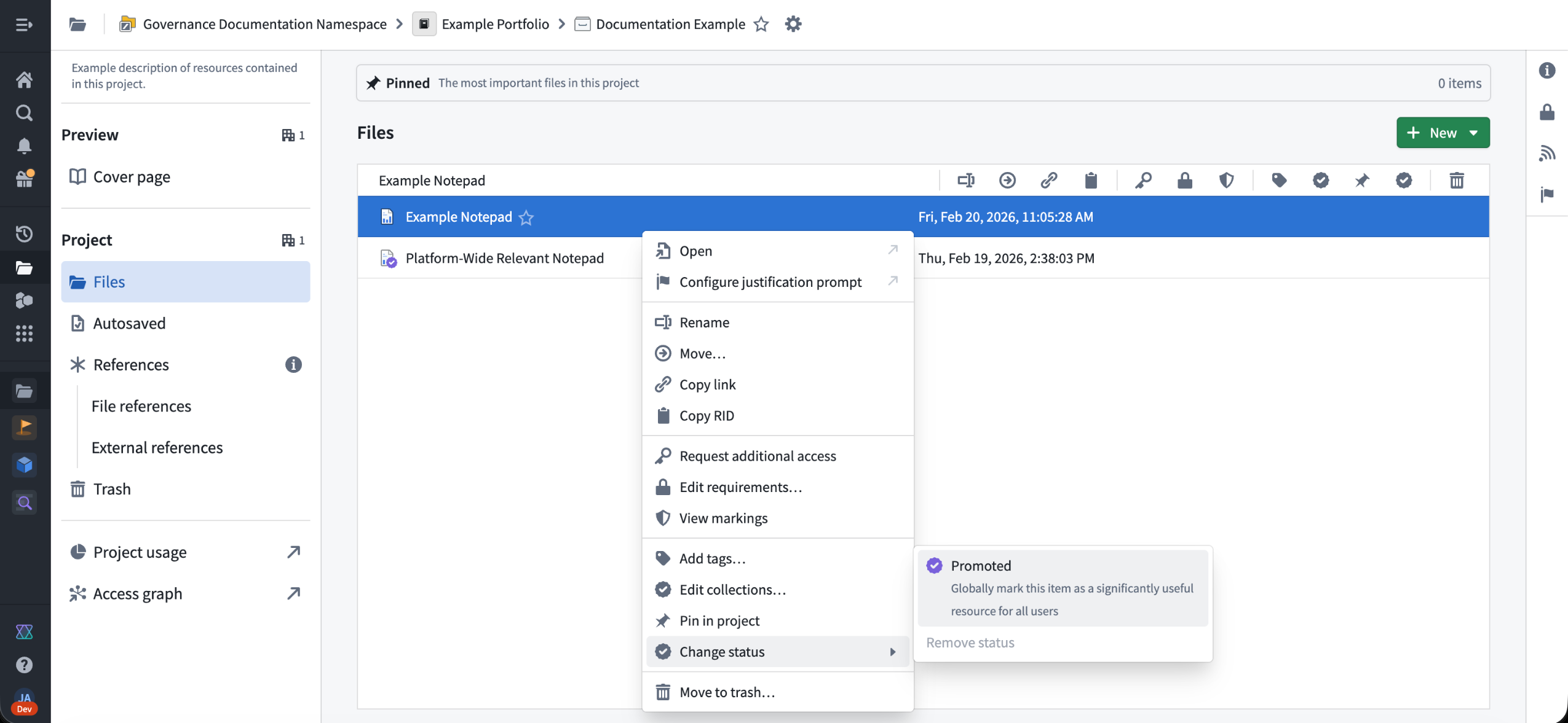 Promoting a resource through a project view.