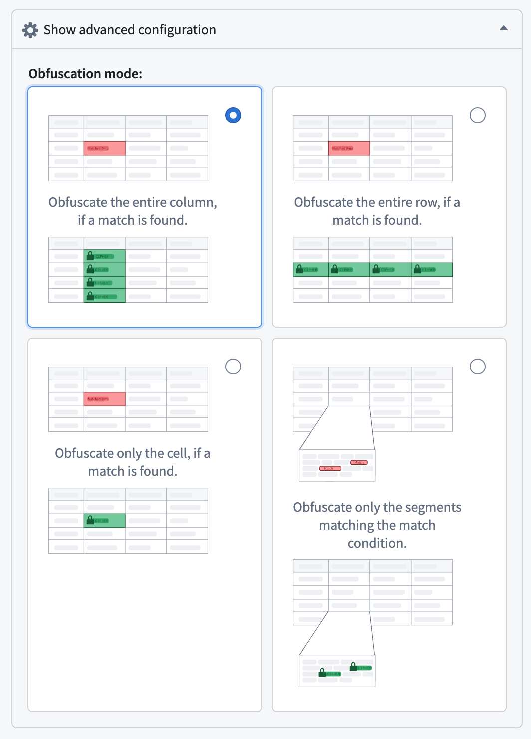The four available obfuscation mode options in the setup dialog.
