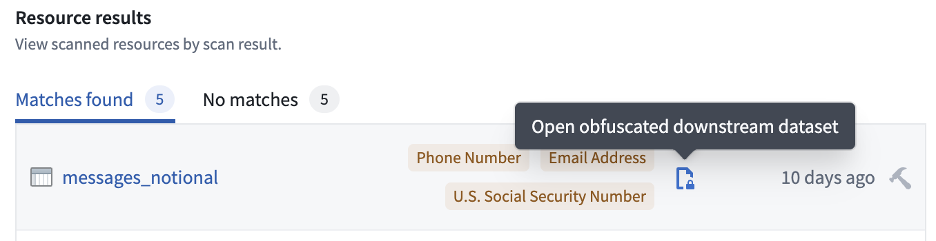The SDS scan results displaying the link to the obfuscated output data set.