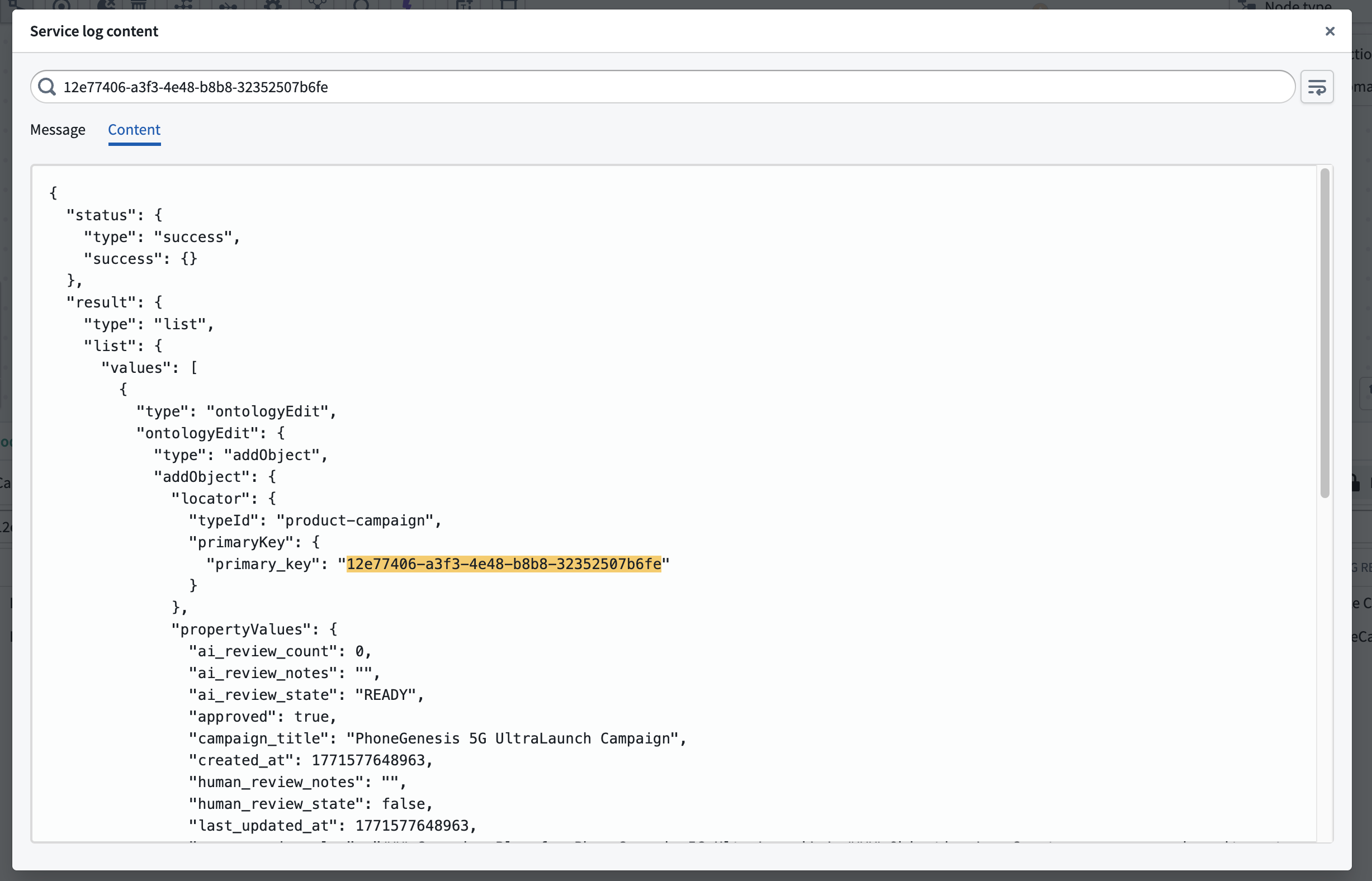 Detailed view of sample log search