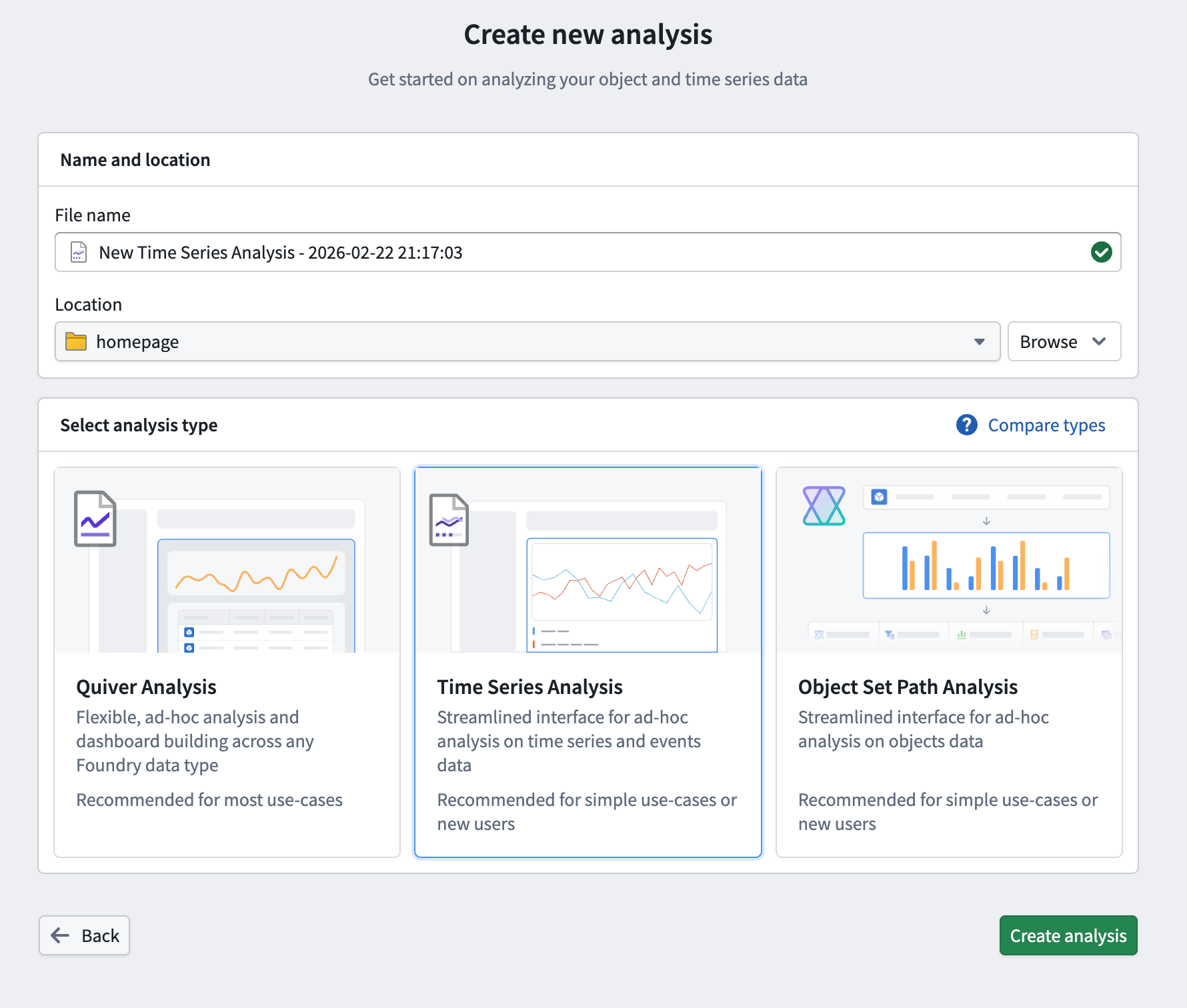 The updated Create new analysis page in Quiver allowing you to choose from three available analysis workspaces.