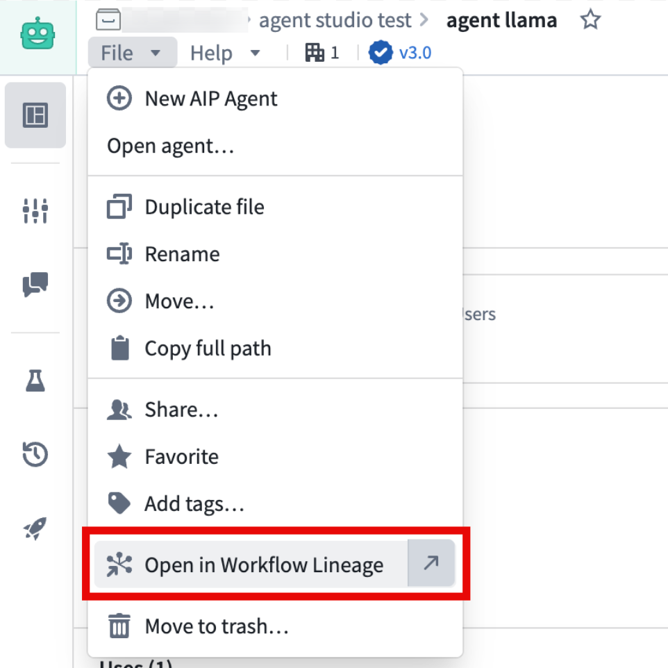 Examples of the Open in Workflow Lineage option in Agent Studio and Notepad often found under File or Actions in the top navigation bar.