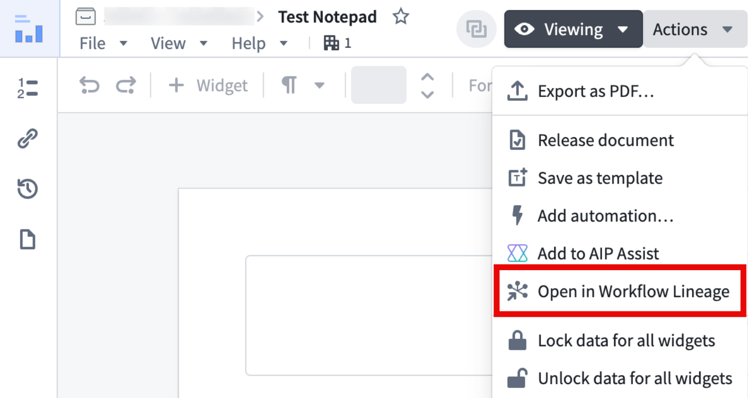 Examples of the Open in Workflow Lineage option in Agent Studio and Notepad often found under File or Actions in the top navigation bar.
