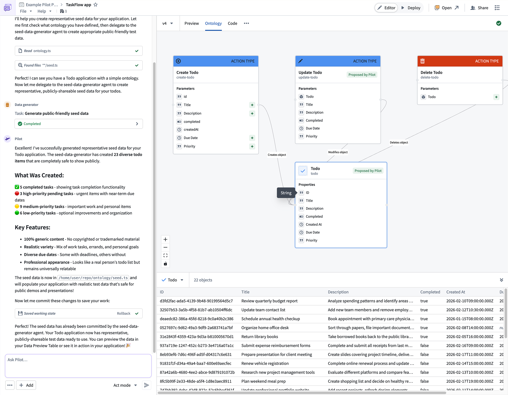 Pilot generates object types action types and relationships based on your application description.