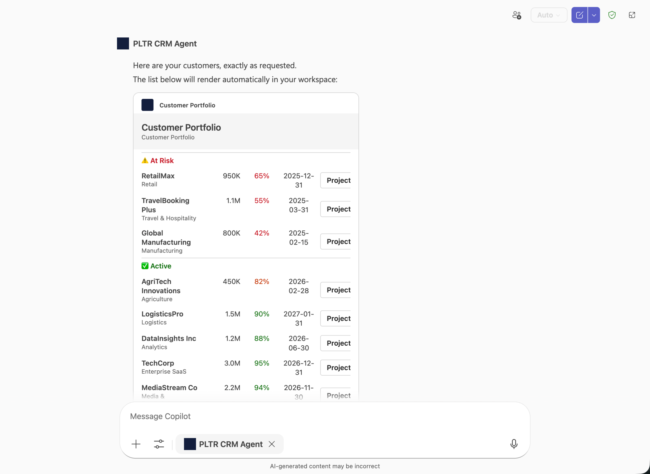 An example Palantir CRM Agent displaying data with Microsoft Adaptive Cards using Copilot Studio.