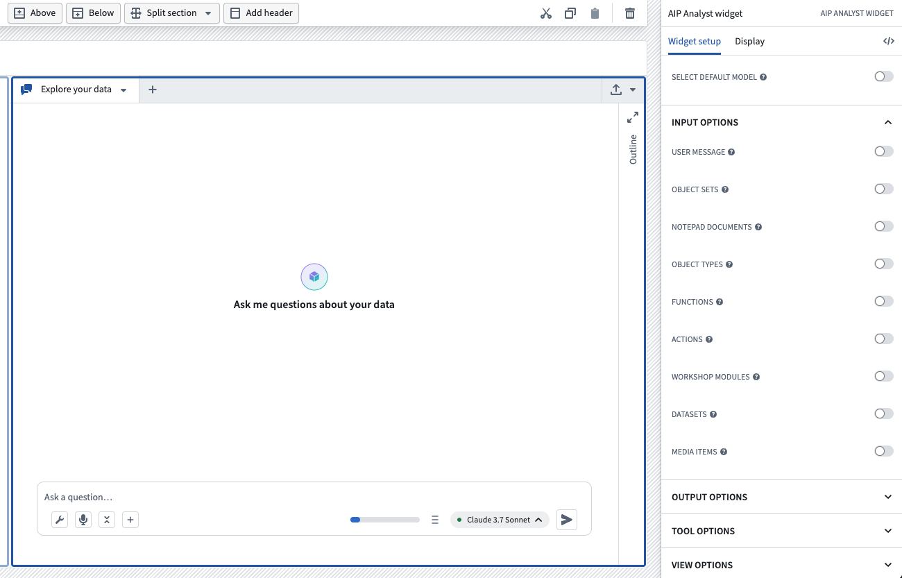 Interface for setting up the AIP Analyst Workshop widget.