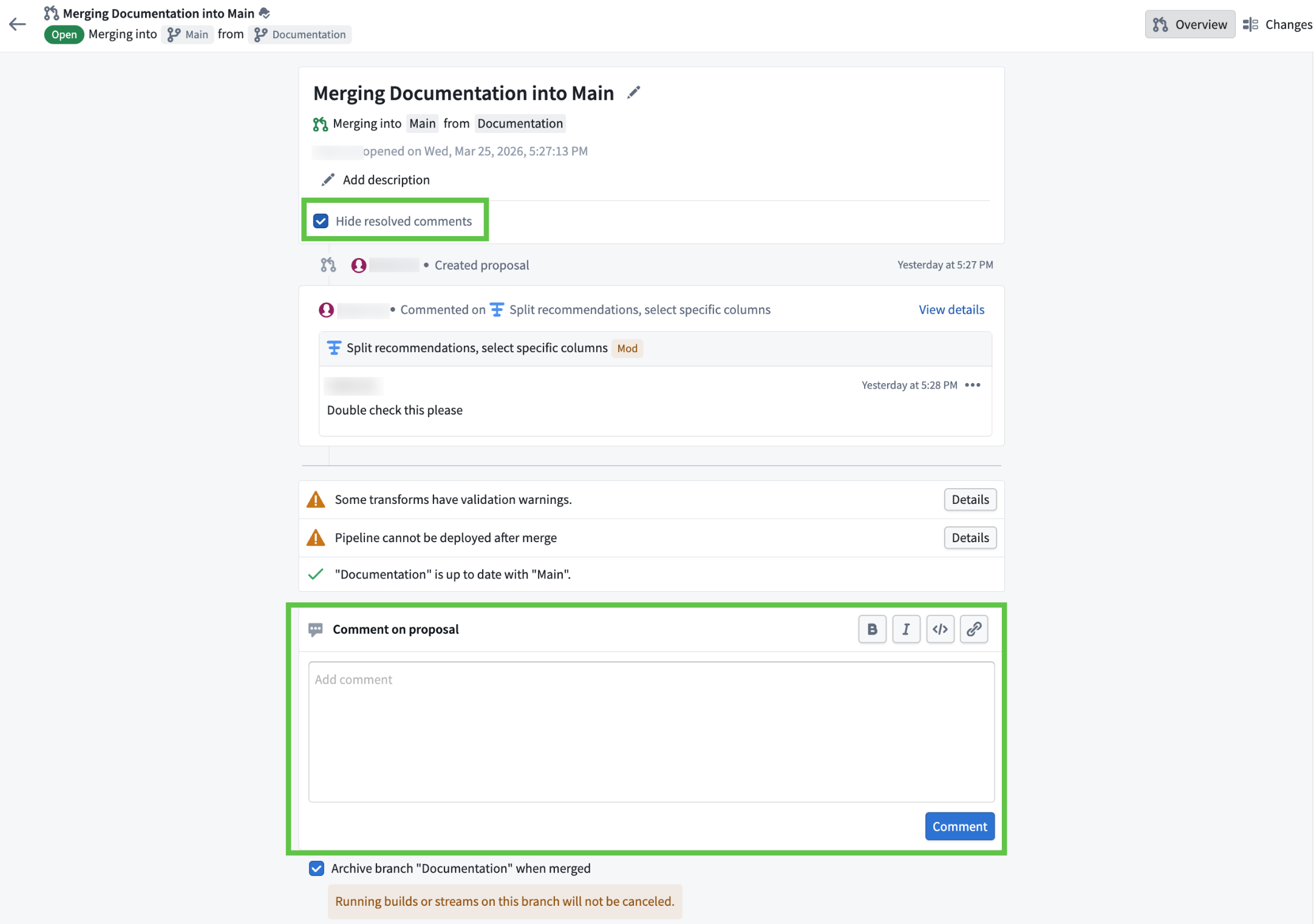 The proposal overview page featuring a comment box at the bottom for new input and a Hide resolved comments toggle at the top for filtering comments.