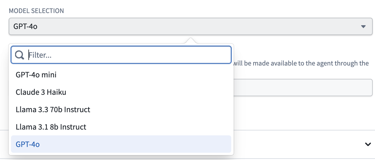 The available LLMs in legacy mode of the AIP Agent widget.