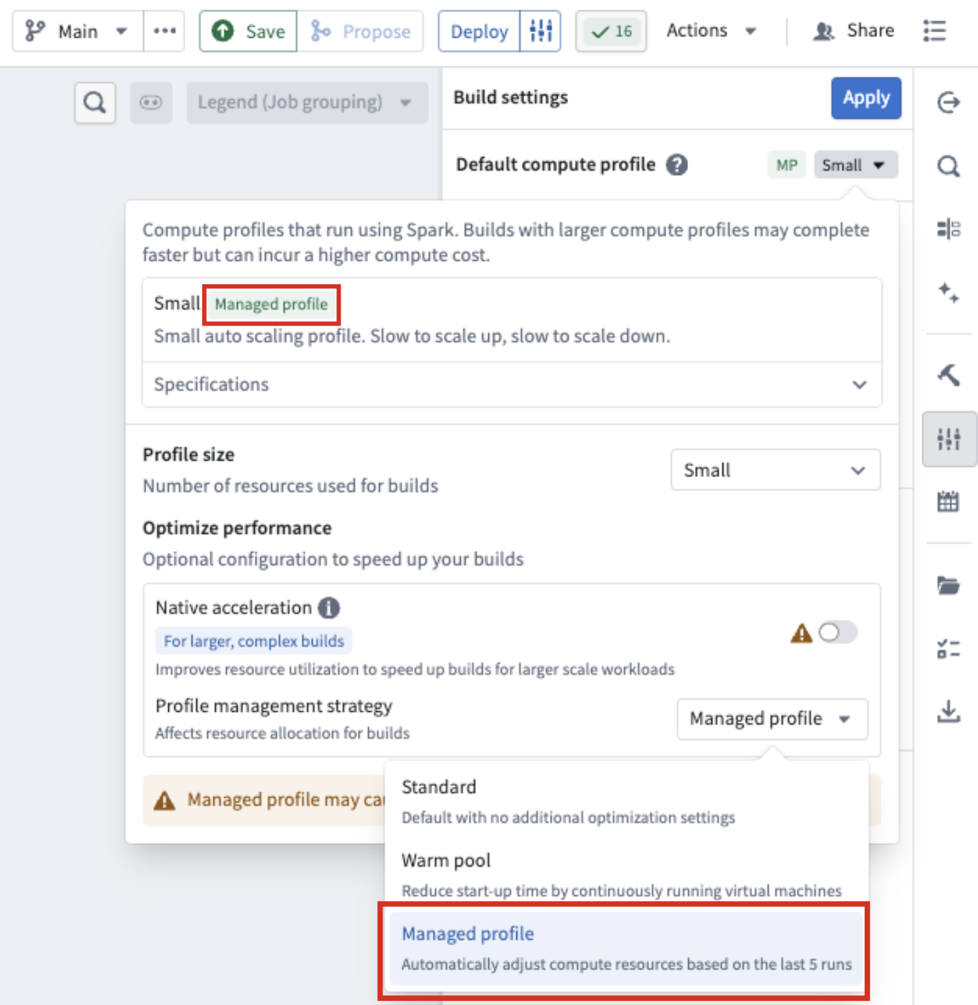 The Managed profile option under Profile management strategy in Build settings.