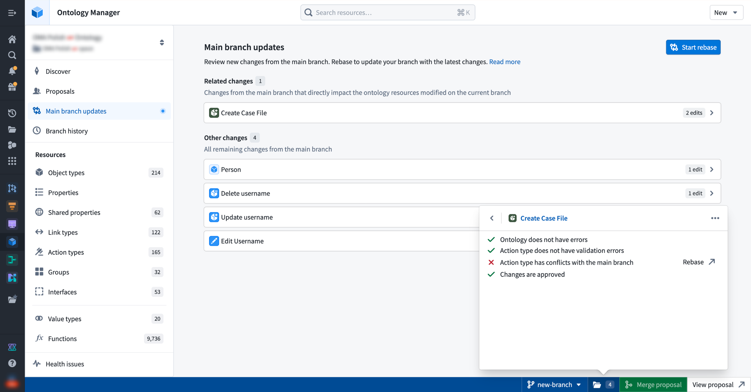 Reviewing main branch updates and resource check status in Ontology Manager.