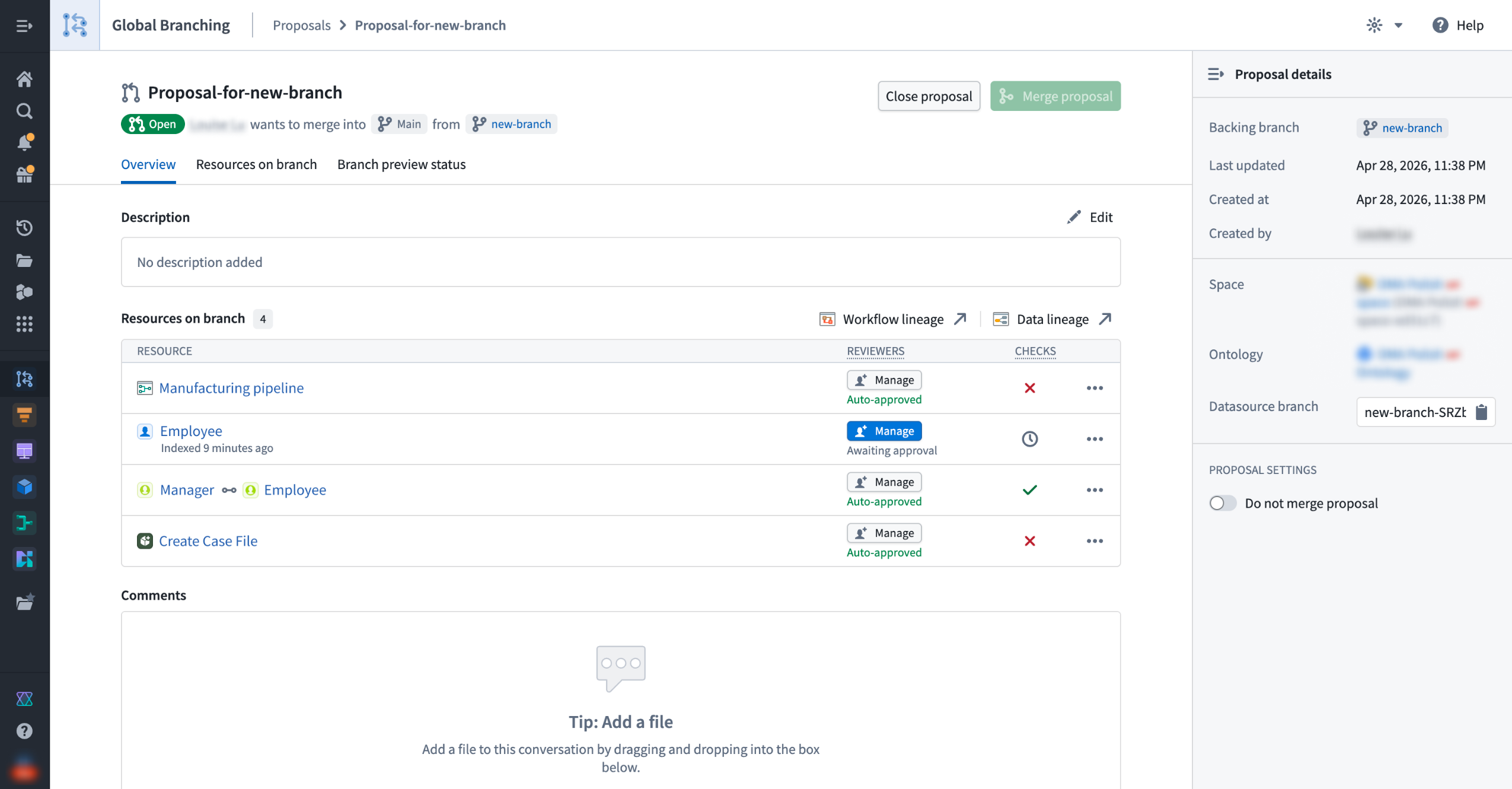 A proposal overview showing resources approval status and the Do not merge proposal setting.