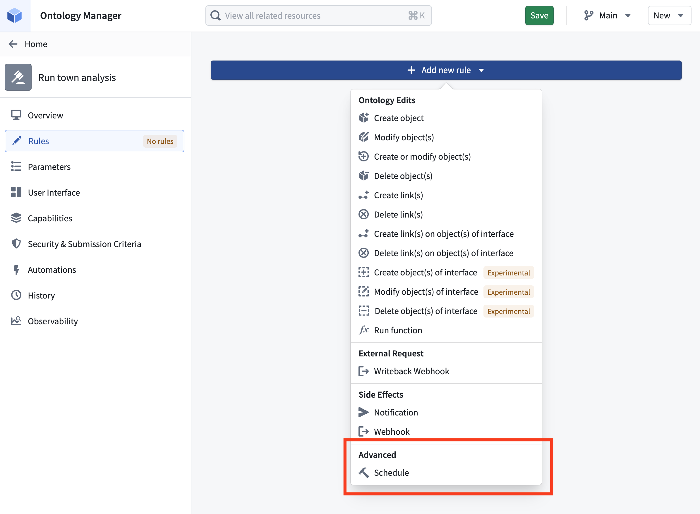 Configure a schedule rule on an action type in Ontology Manager.