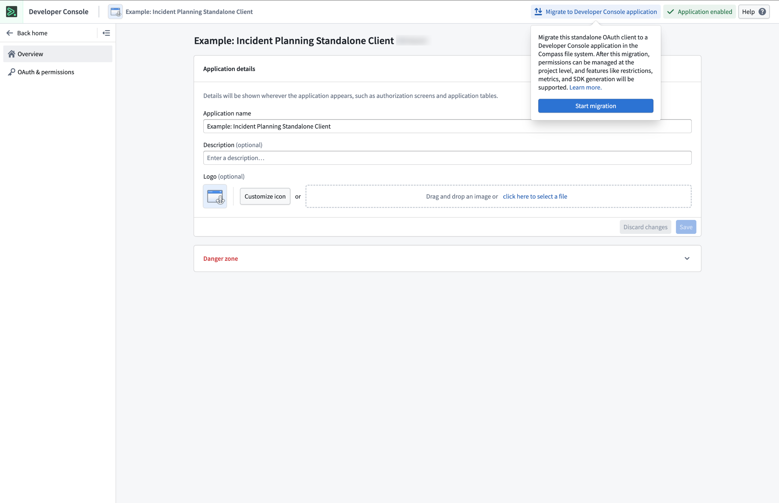 The migration prompt for legacy standalone OAuth clients located in the top right of the screen.