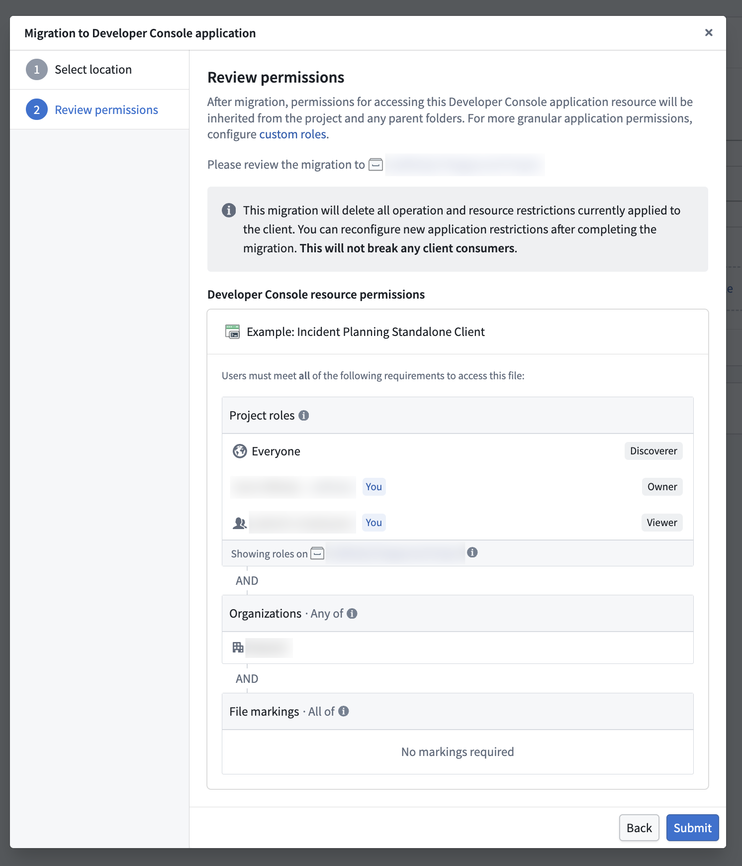 Step 2 Review permissions for accessing the Developer Console application resource.