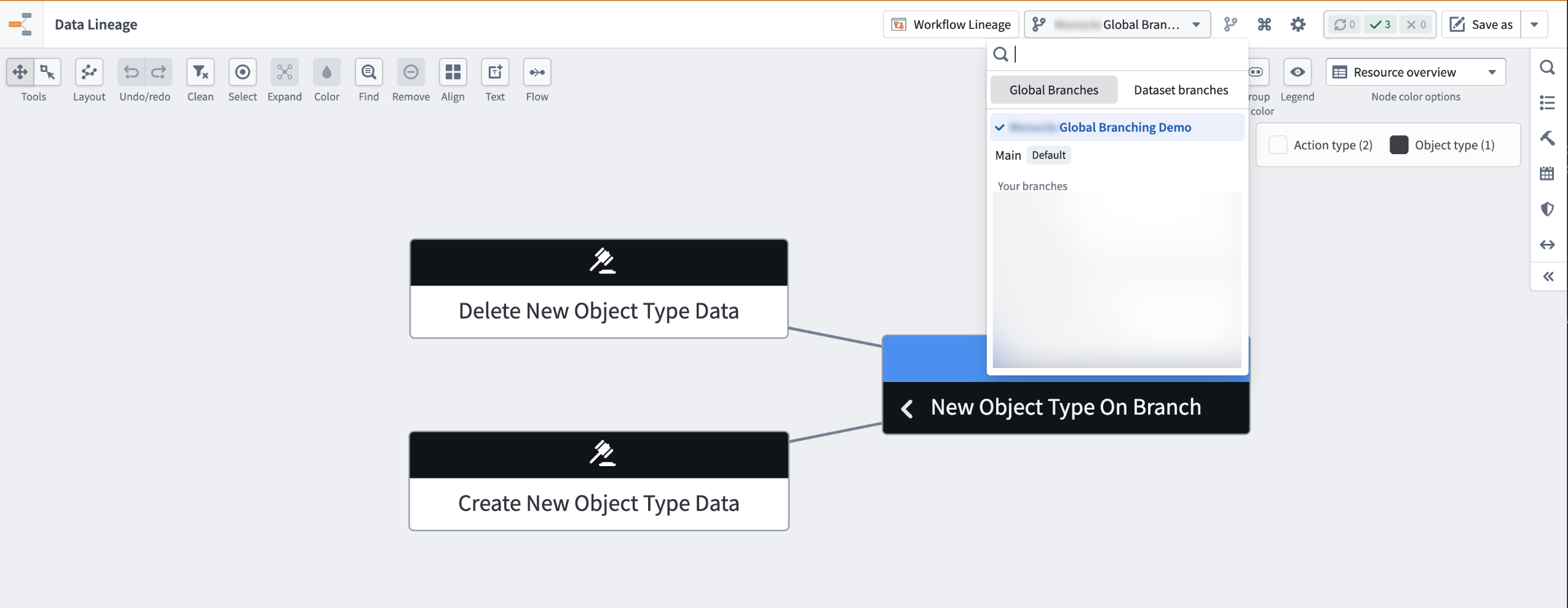 The Global branches tab in the branch selector with Global Branching Demo selected.