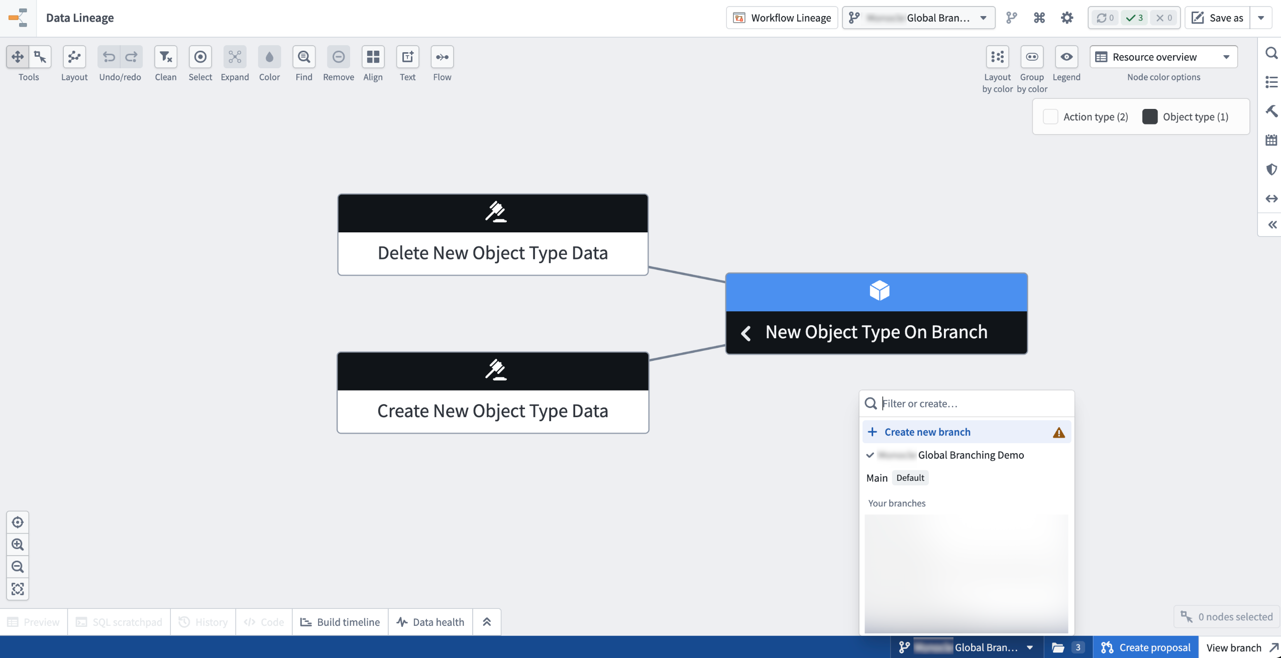 The branch taskbar at the bottom of Data Lineage also features a branch selector. The selector shows the active branch and the taskbar itself provides quick access to Create proposal and View branch actions.