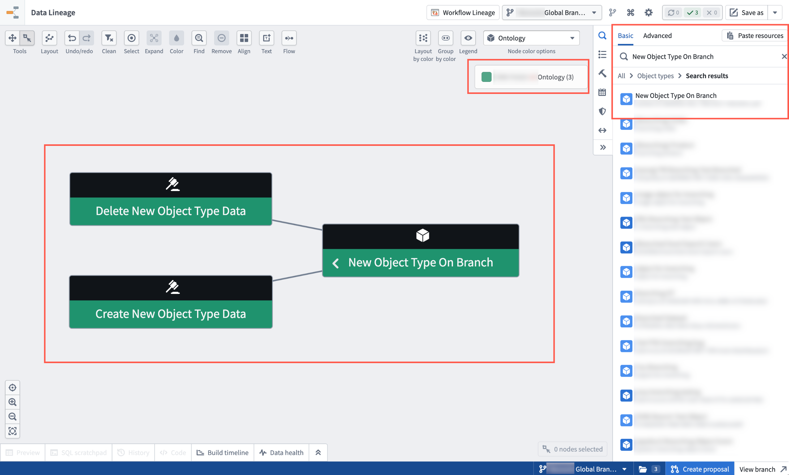 The graph search results node details and colorings reflect data from the selected branch for easy reference.