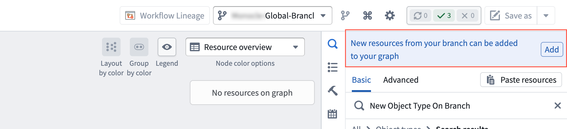 Use the Add option in the search panel to add every modified entity on your branch to the graph.