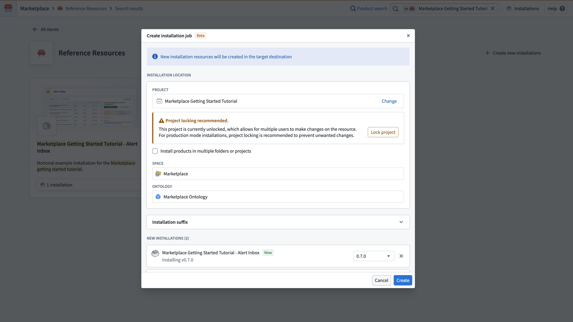 Configure the installation location project locking and ontology for all selected products in the Create installation job dialog.