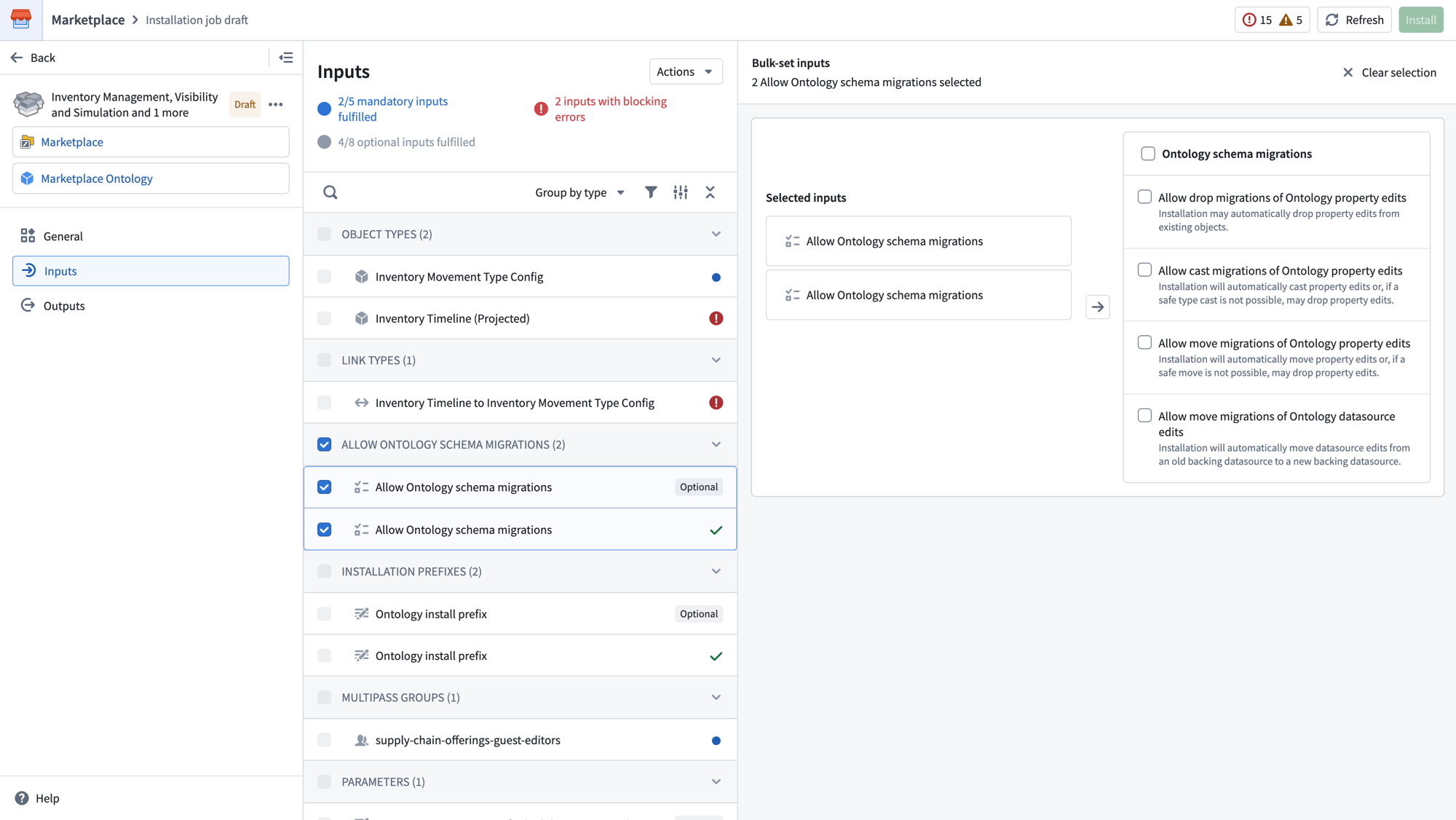 Select multiple inputs of the same type to bulk configure them together.