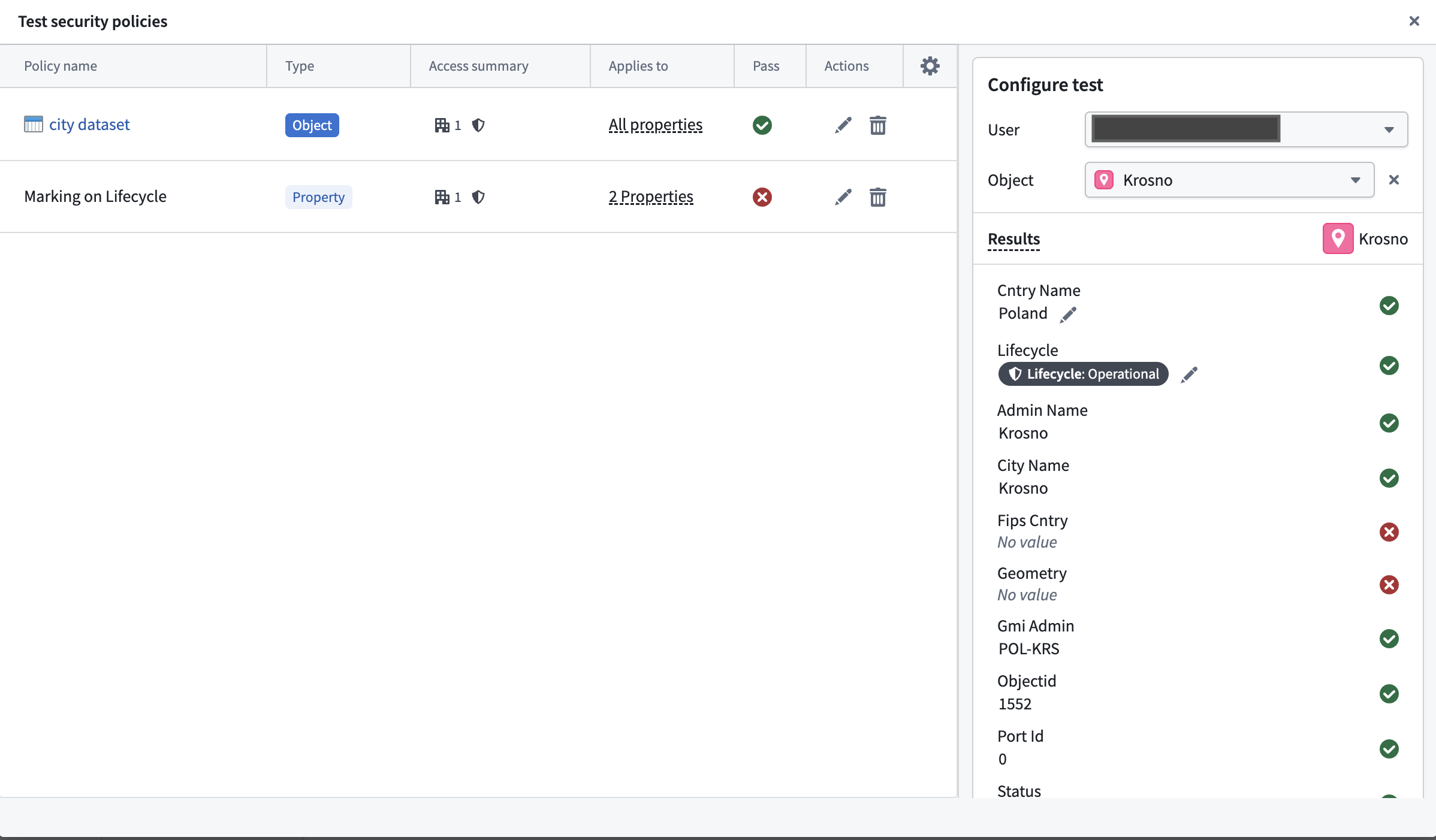Use the Test security policies modal to configure and run your test cases.