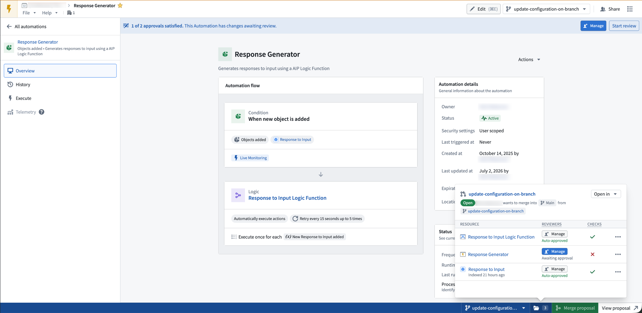 An automation open on a global branch with the branch taskbar showing reviewer configuration and proposal checks.
