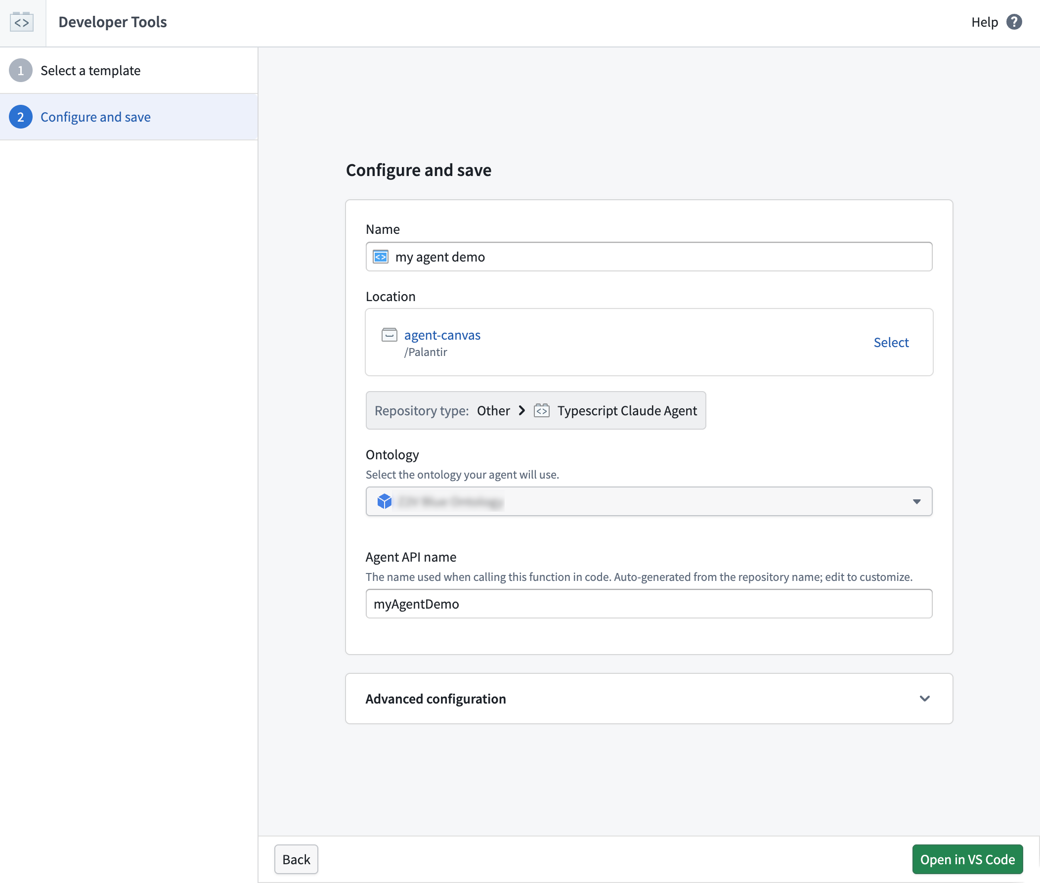 The agent configuration page where you can bind your agent to an Ontology and assign it an API name.