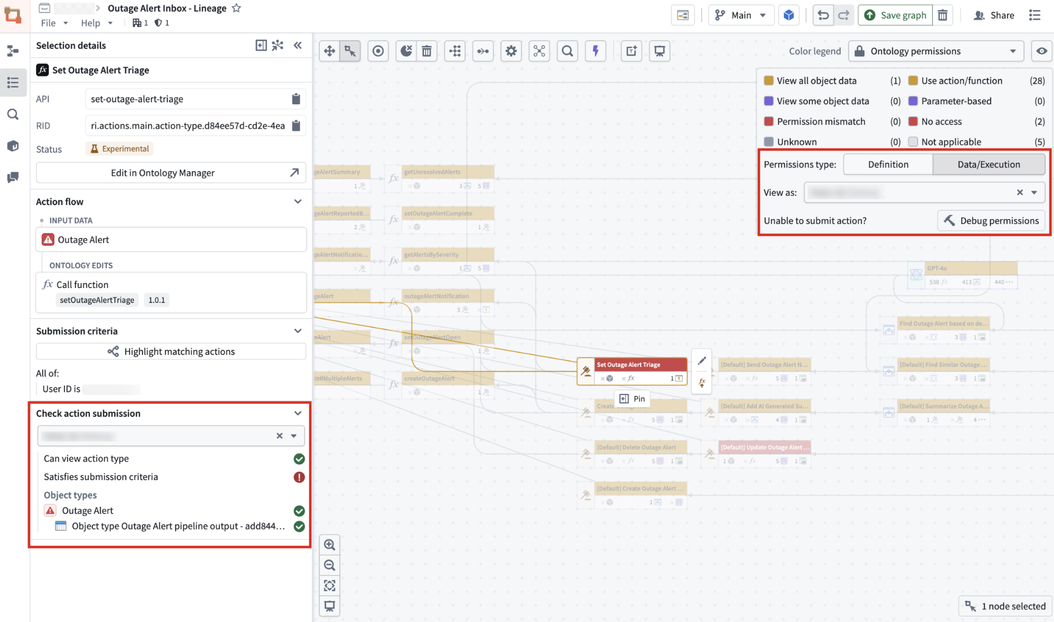 Selecting a user under Check action submission shows whether they can view the action type and whether they satisfy its submission criteria.