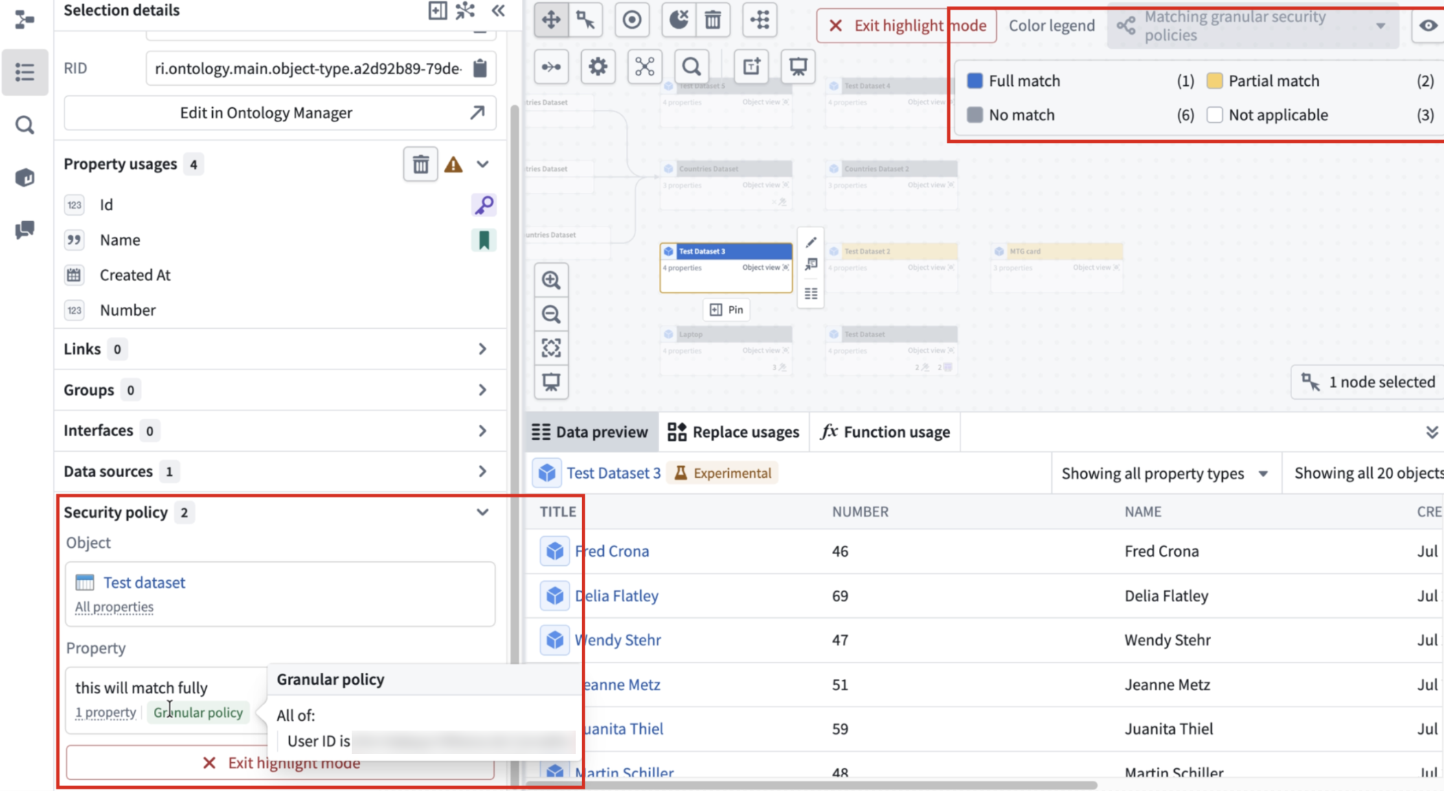 The Security policy section shows the granular policy for a selected object with an option to highlight objects with matching  granular policies across the graph.