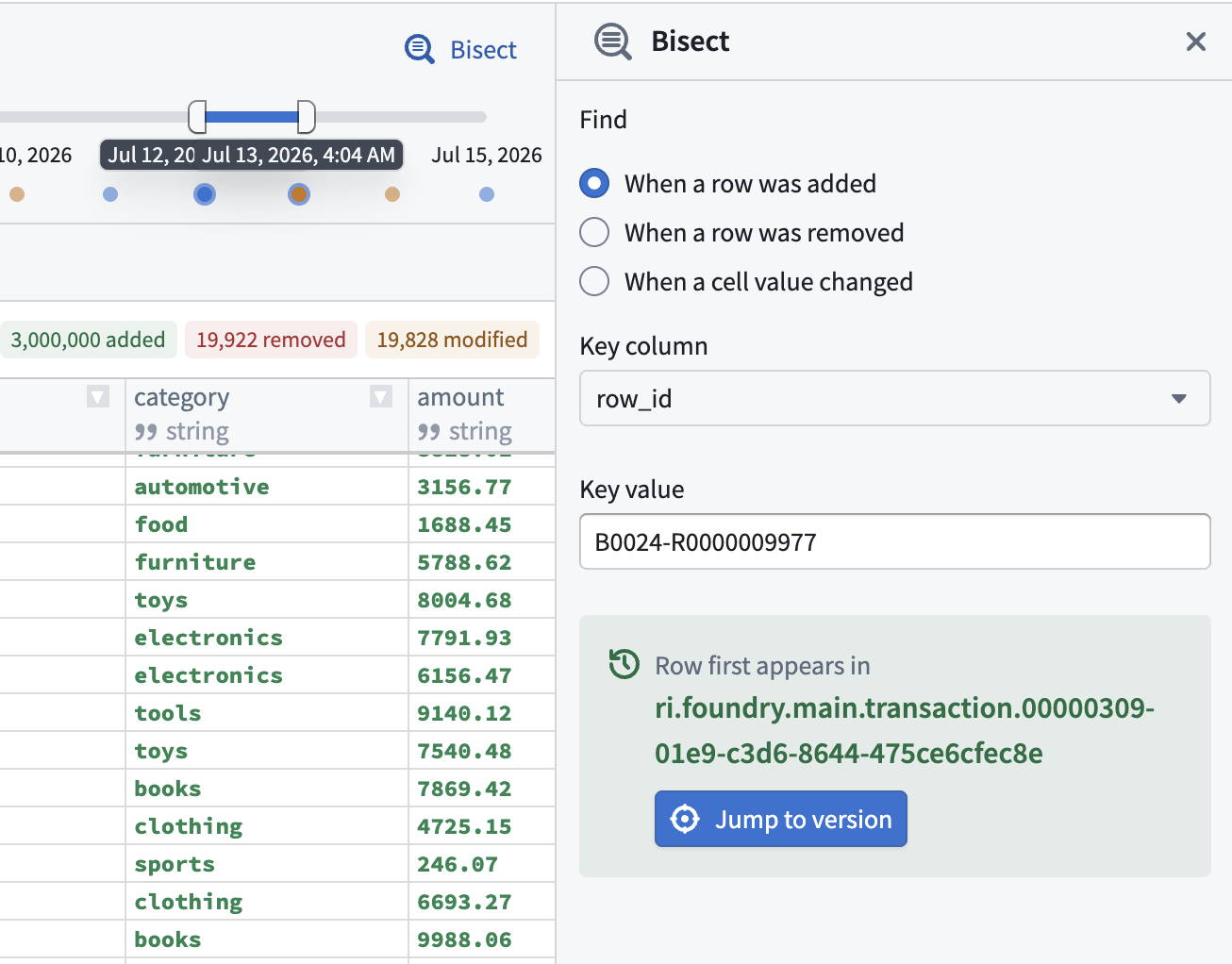Use the Bisect tool to search dataset version history and find when specific changes occurred.