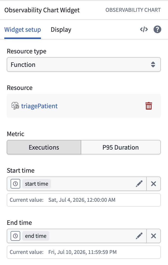 Configuring an Observability Chart widget with a resource and metric.