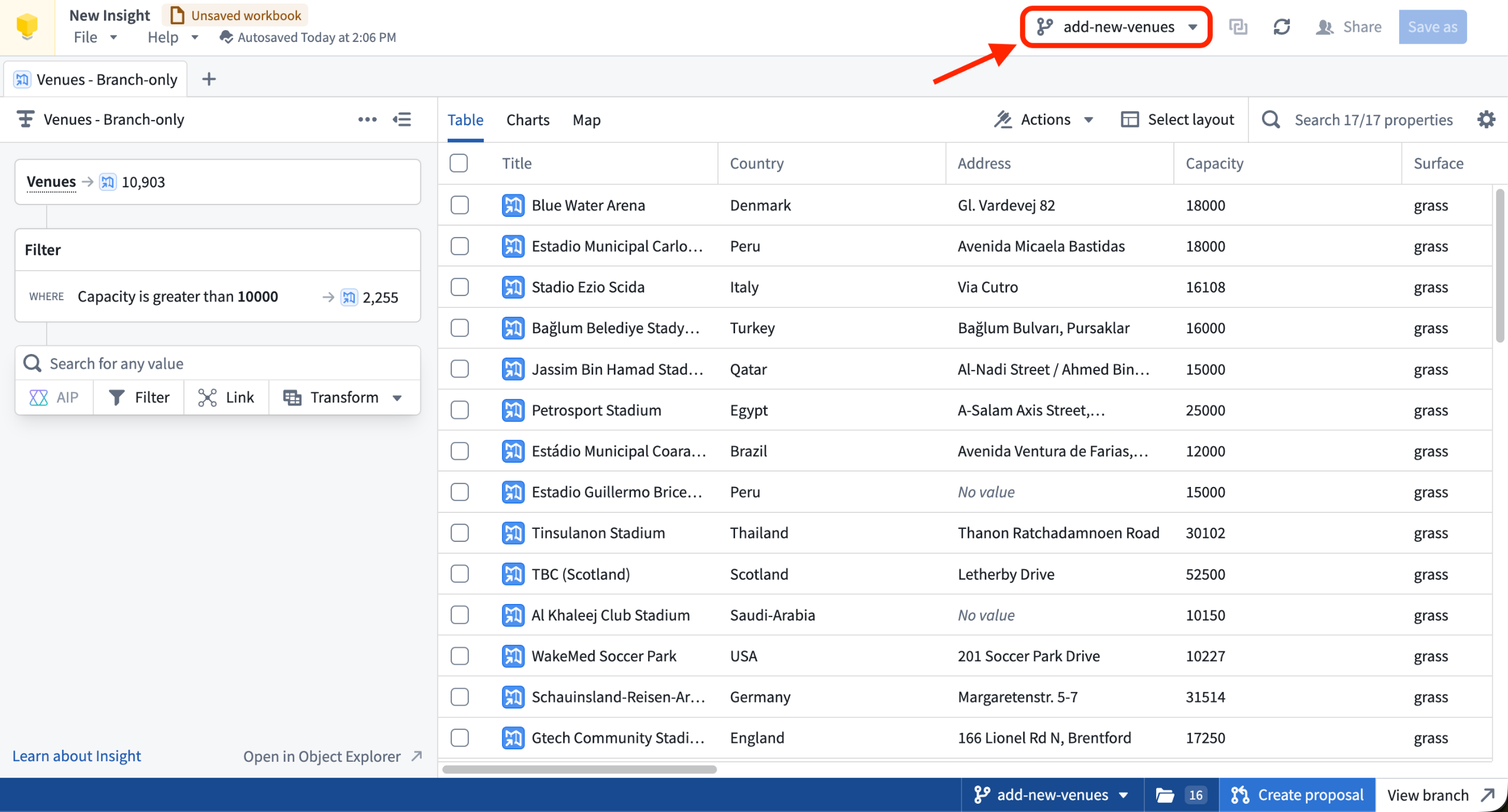 An Insight workbook scoped to a global branch with the branch selector located in the workbook header.